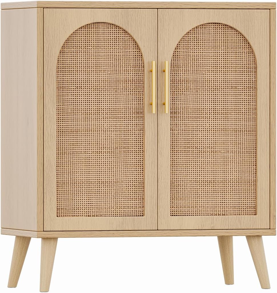 Rovaurx Rattan Storage Cabinet with Doors, Modern Accent Bathroom Floor Cabinet, Sideboard Buffet for Living Room, Entryway, Dining Room and Kitchen, Natural BMGZ108M