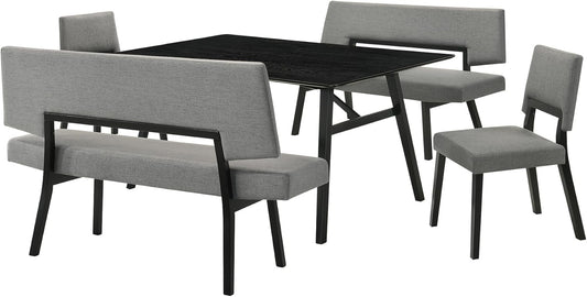 Armen Living Channell Mid Century Modern 5 Piece Black Wood Dining Table Set with Benches in Charcoal Fabric