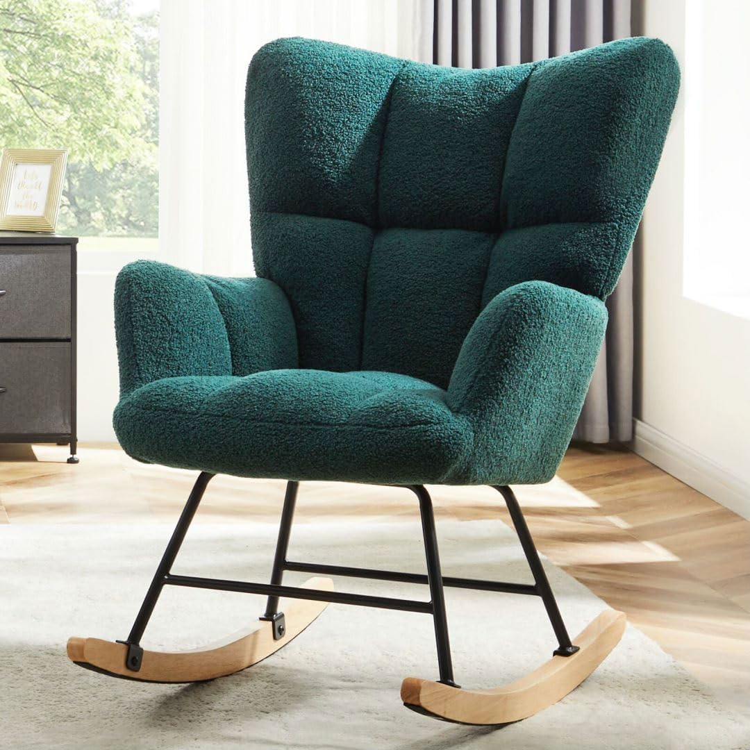 Nursery Rocking Chair, Boho Accent Ottoman, Teddy Upholstered Glider Rocker with High Backrest, Recliner Function and Foot Rest for Living Room, Small Spaces, Bedroom, Green