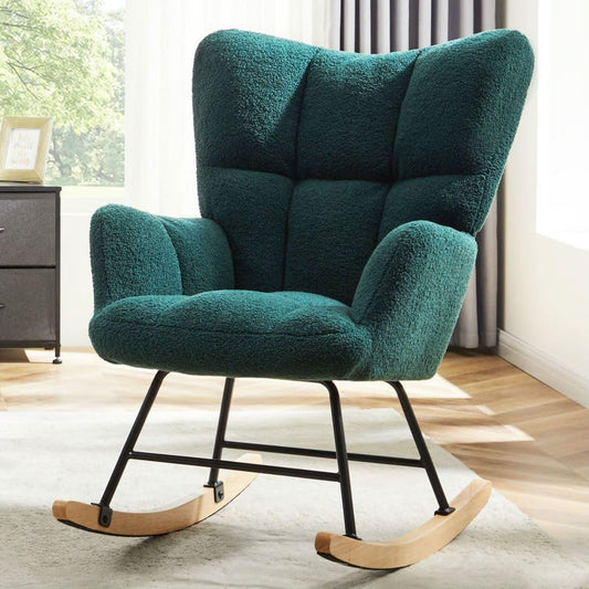Nursery Rocking Chair, Boho Accent Ottoman, Teddy Upholstered Glider Rocker with High Backrest, Recliner Function and Foot Rest for Living Room, Small Spaces, Bedroom, Green