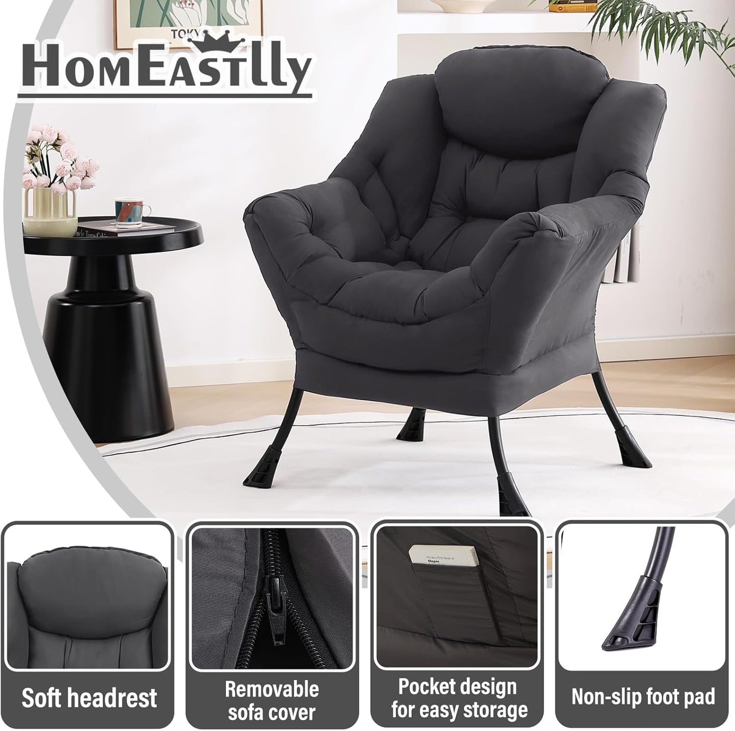 Lazy Chair, Reading Armchair, Large Modern Lounge Accent Chair, Leisure Sofa Chair for Living Room, Bedroom, Dorm Room, Dark Grey