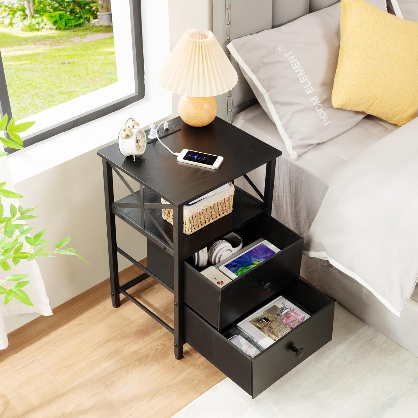 AMHANCIBLE Night Stand Set 2, Black Nightstand with Charging Station, End Tables Living Room with USB Ports and Outlets, Bedside Table with Fabric Drawers for Bedroom, HET05XBK