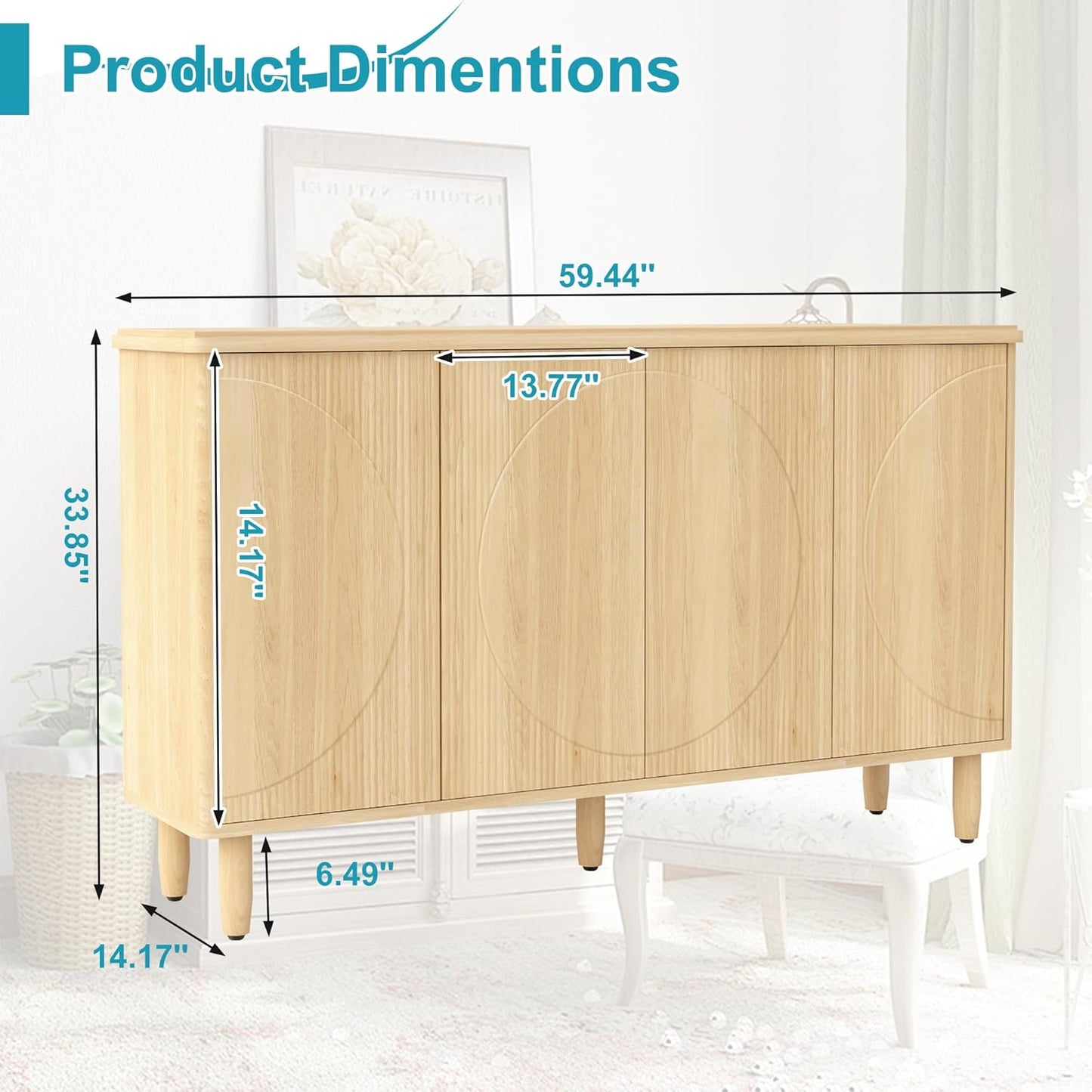 59.4" Sideboard Buffet Cabinet with Storage, Kitchen Buffet Storage Cabinet with Doors & Shelves, Modern Sideboard for Living Room, Kitchen, Hallway, Light Walnut