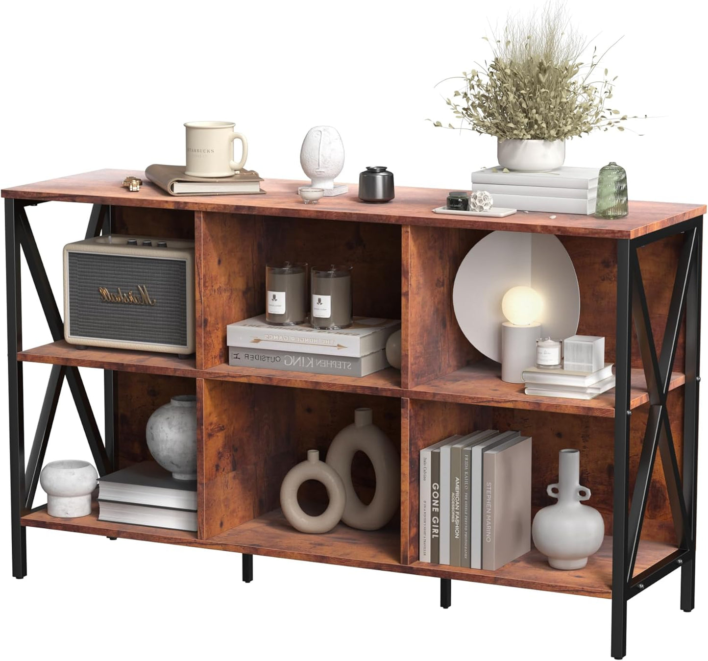 Horizontal Bookshelf Bookcase,Cube Storage Organizer Shelf,Industrial Wide Bookcase with Storage,Low Short Wide Cubby Shelves,Rustic Farmhouse Shelf for Office Bedroom Living Room,47 in(Brown,6 Cube)