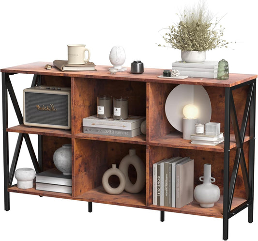 Horizontal Bookshelf Bookcase,Cube Storage Organizer Shelf,Industrial Wide Bookcase with Storage,Low Short Wide Cubby Shelves,Rustic Farmhouse Shelf for Office Bedroom Living Room,47 in(Brown,6 Cube)