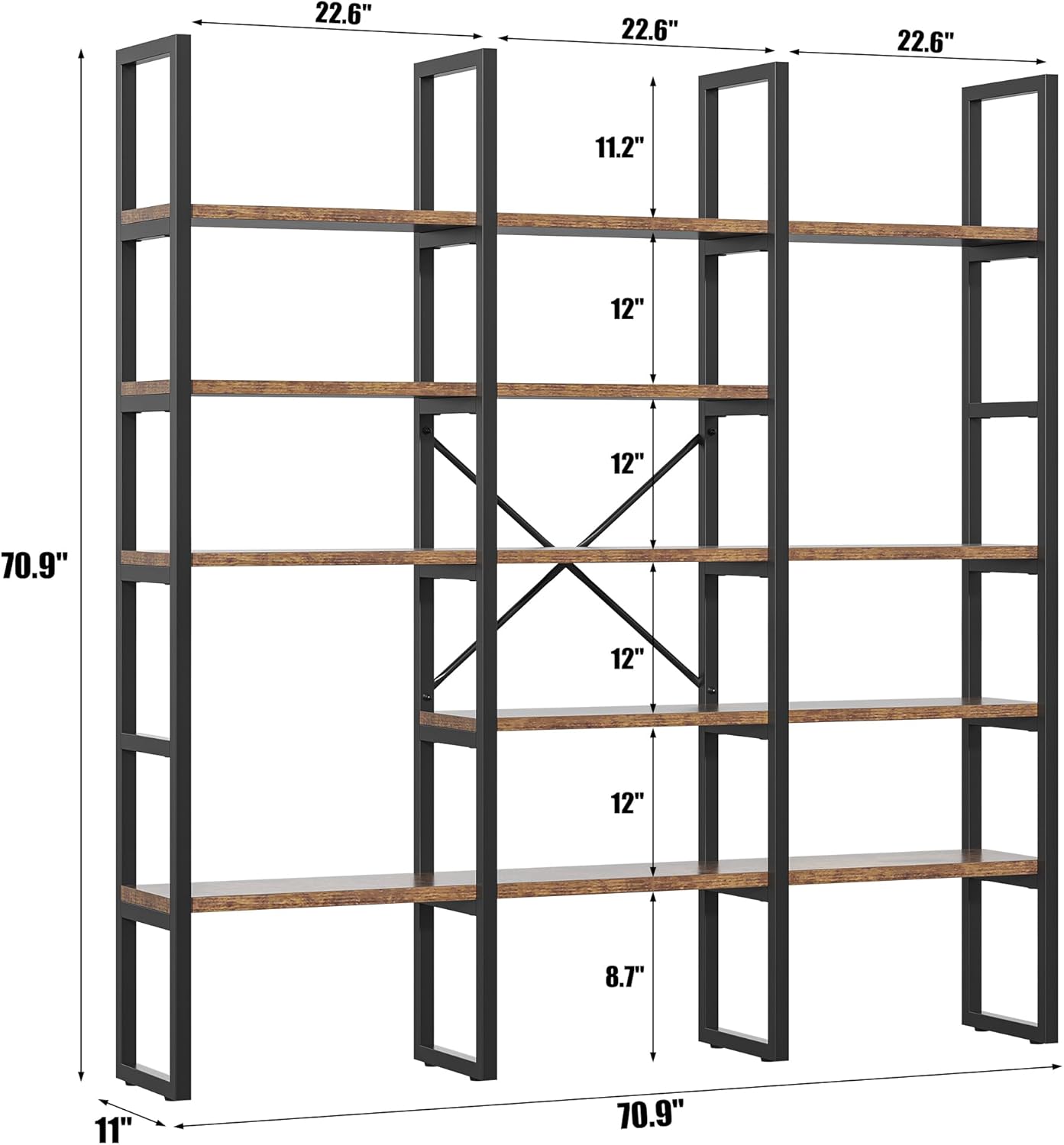 70.86" Modern Bookshelf and Bookcases with 13 Open Display Shelves, Triple Wide 5-Tier Industrial Large Book Shelf with Metal Frame, Tall Etagere Book Case for Home & Office, Rustic Brown