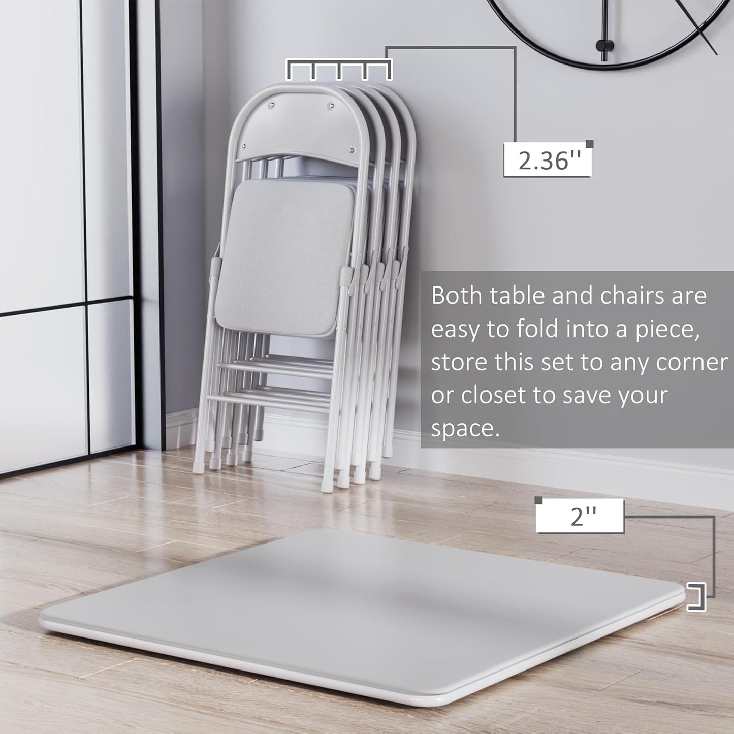 VECELO Portable Folding Card Table Square and Chair Set (5pc) with Collapsible Legs & Vinyl Upholstery, Metal, Grey