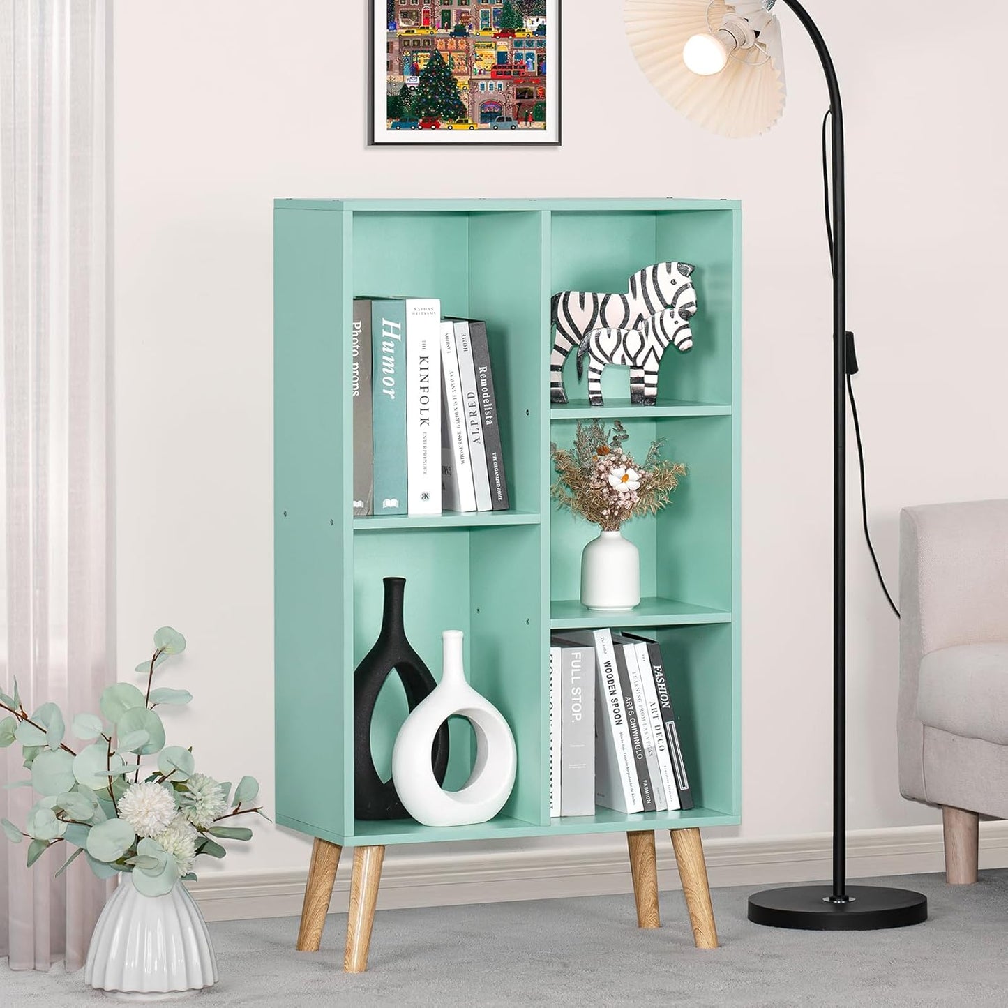 LEYAOYAO 5 Cube Bookshelf 3-Tier Bookcase with Legs,Mint Green Kids Book Shelf Cute Storage Organizer,Free Standing Open Toy Shelves Wood Bookshelves,Display Bookcases for Bedroom,Living Room,Nursery