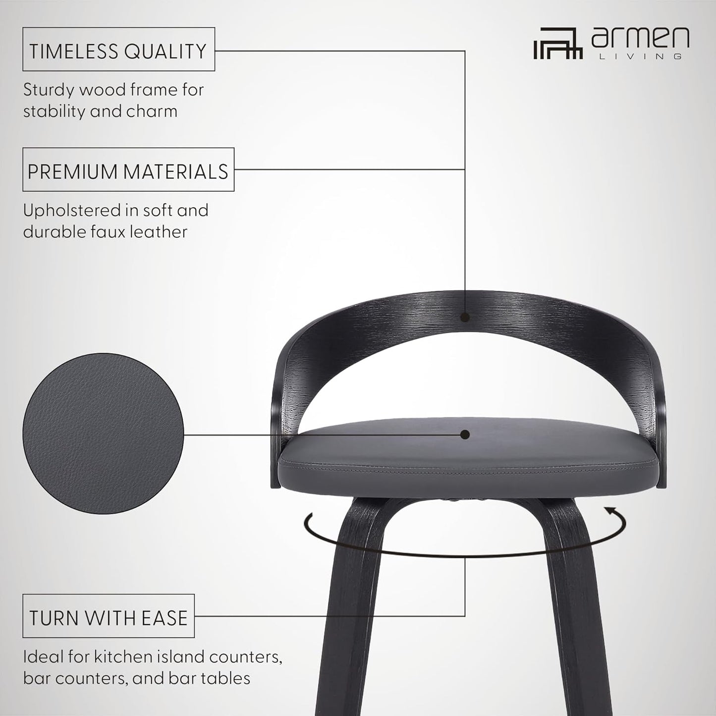 Armen Living Sonia 26" Counter Height Swivel Gray Faux Leather and Black Wood Bar Stool