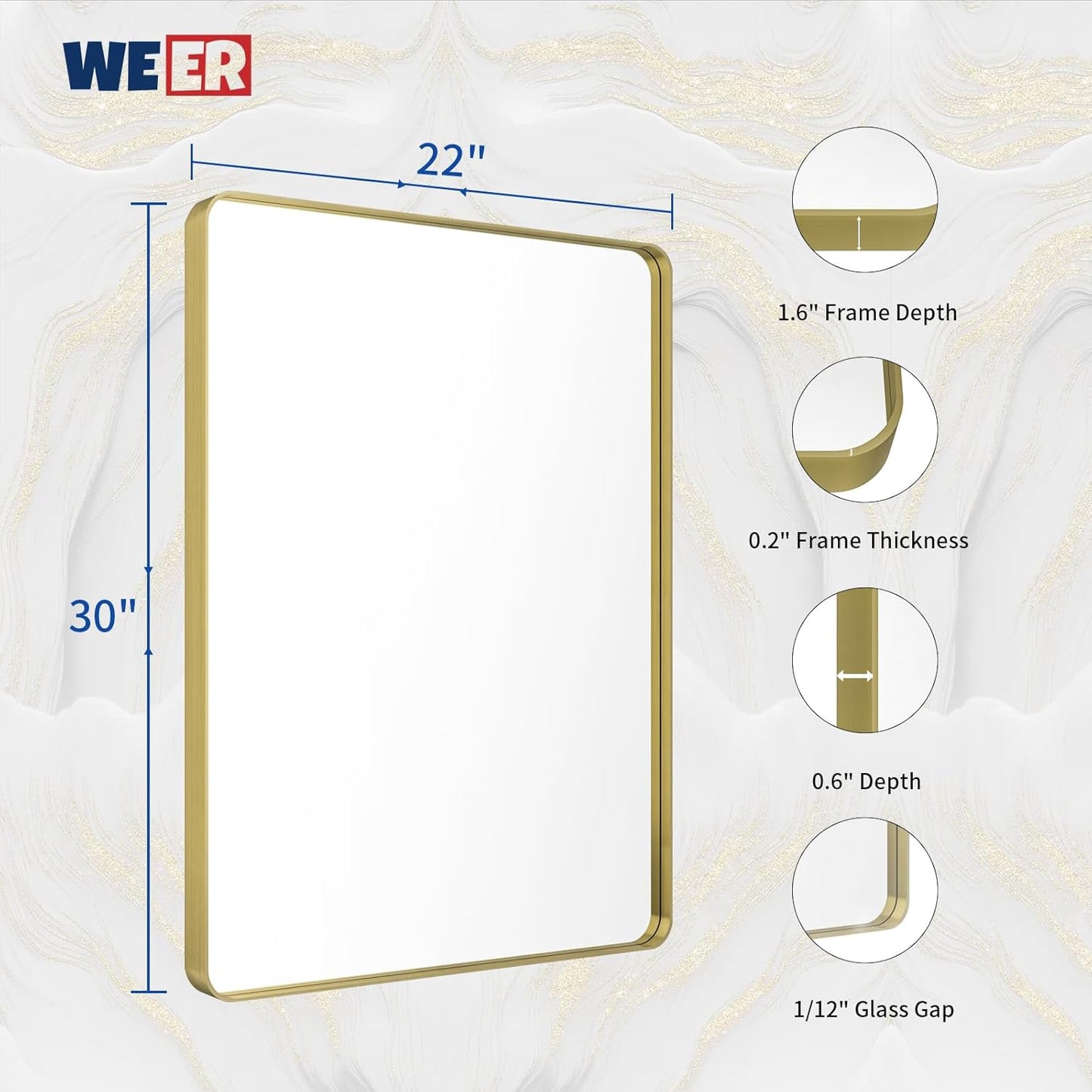 WEER Gold Bathroom Mirror, 22X30 Inch Brushed Gold Metal Frame Mirror, Rounded Rectangle Gold Bathroom Vanity Mirror for Wall, Tempered Glass, Anti-Rust, Hangs Horizontally or Vertically