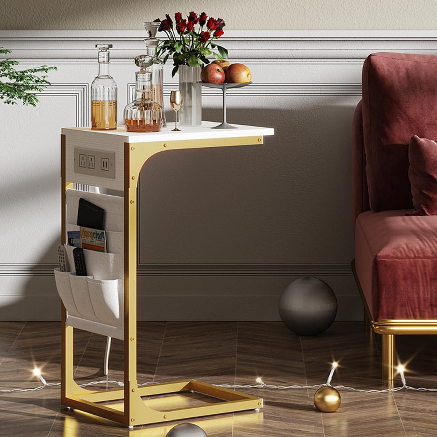 TUTOTAK C Shaped End Table with Charging Station, Side Table for Sofa, Couch Table with Storage Bag, TV Tray Table with 2 USB Ports and Outlets for Living Room, Bedroom, White and Gold TB01BWG024