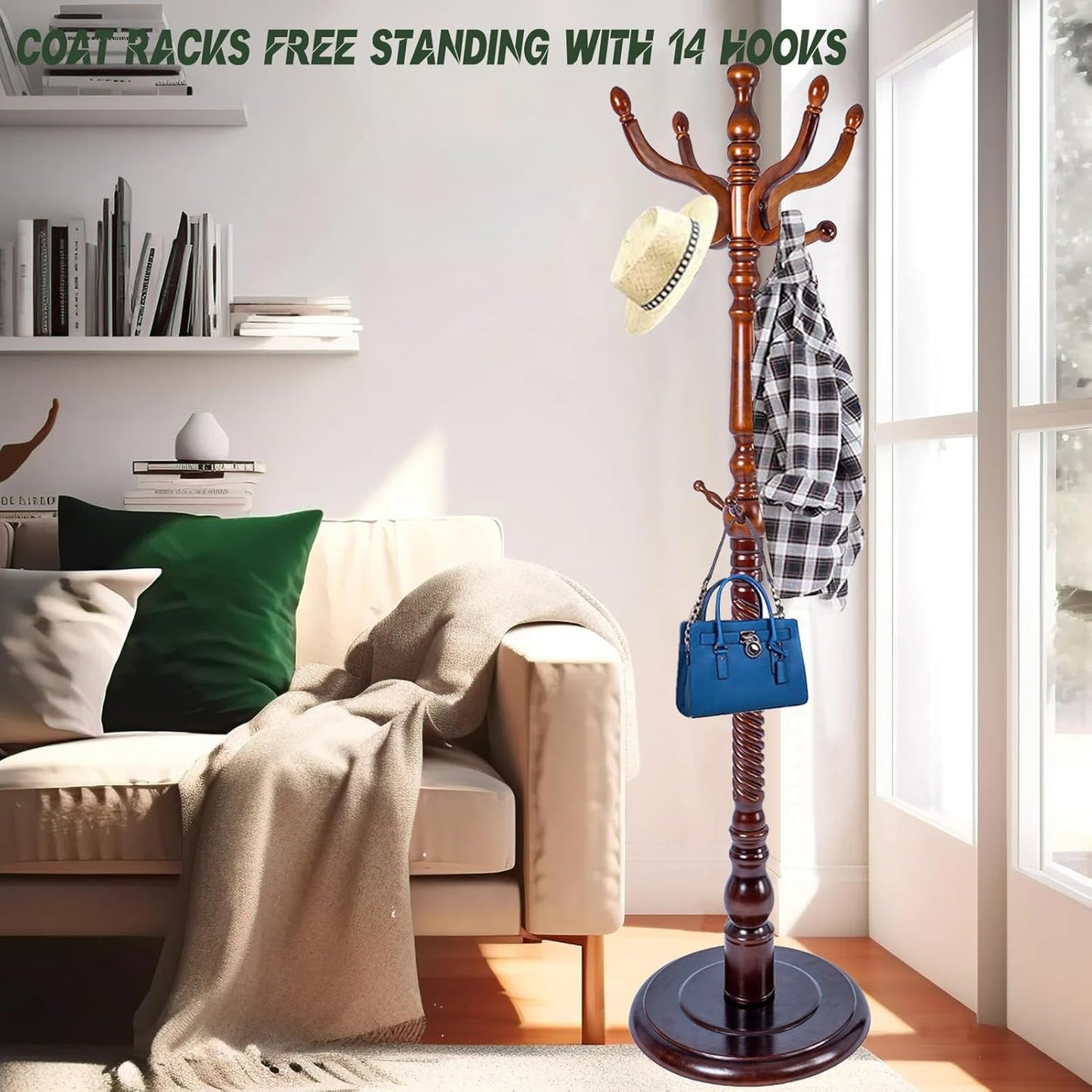 73" Wooden Coat Rack Stand,Coat Racks Freestanding With 11 Hooks And Solid Round Base Heavy Duty Adjustable Height Hall Tree Coat Rack for Entryway Hallway Foyer Office Bedroomf (Antique Color)