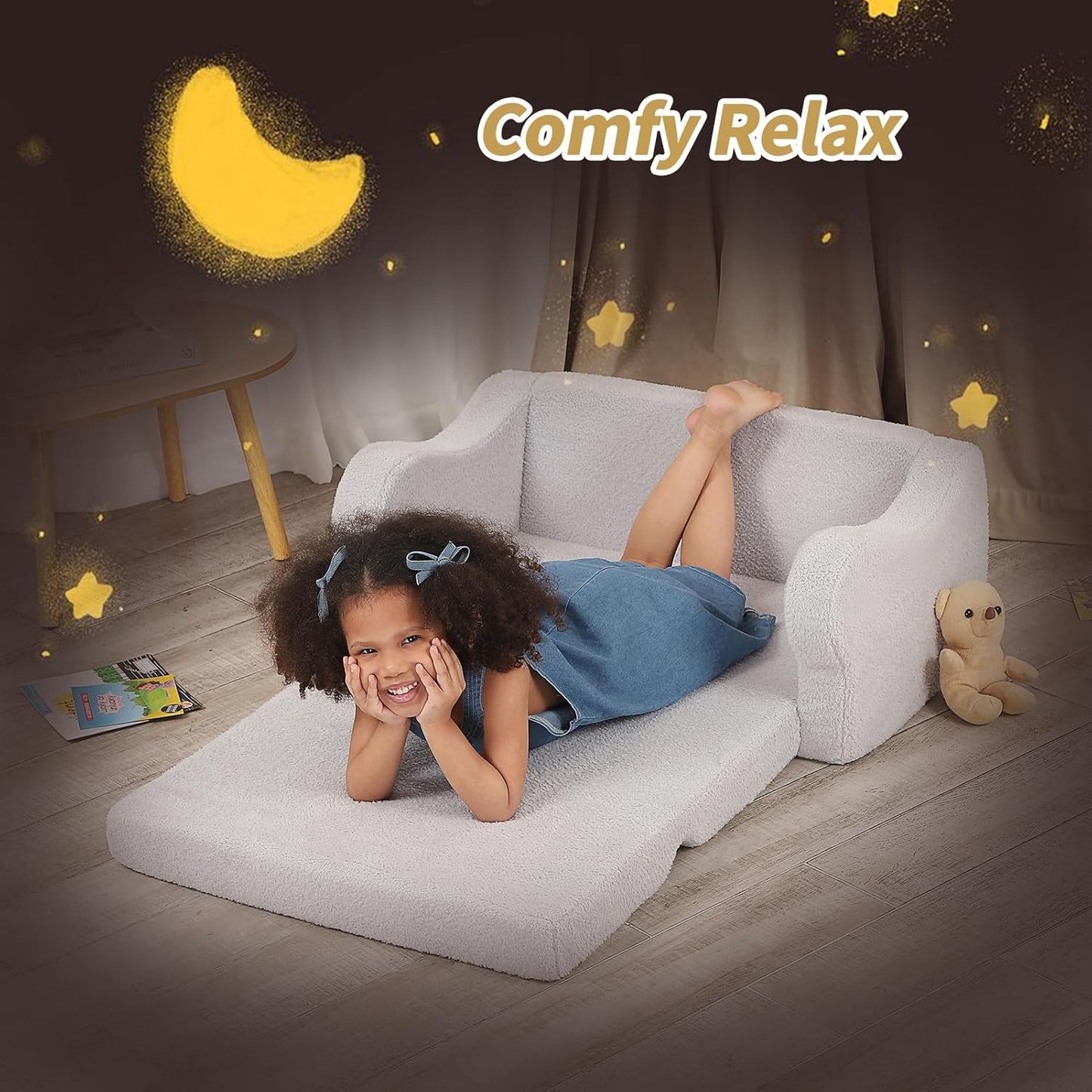 Extra Wide Toddler Chair, 2-in-1 Toddler Couch Fold Out, Convertible Sherpa Sofa to Lounger for Boys & Girls, Grey