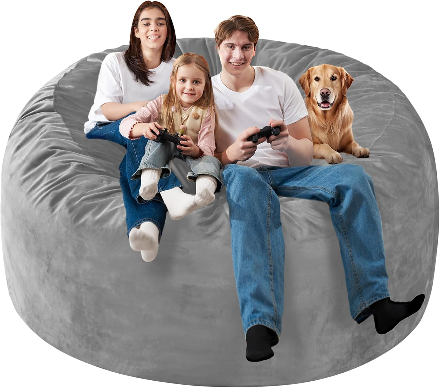 Homguava 6 FT Bean Bag Chair: 6' Bean Bags with Memory Foam Filled, Large Beanbag Chairs Soft Sofa with Dutch Velvet Cover-Light Grey