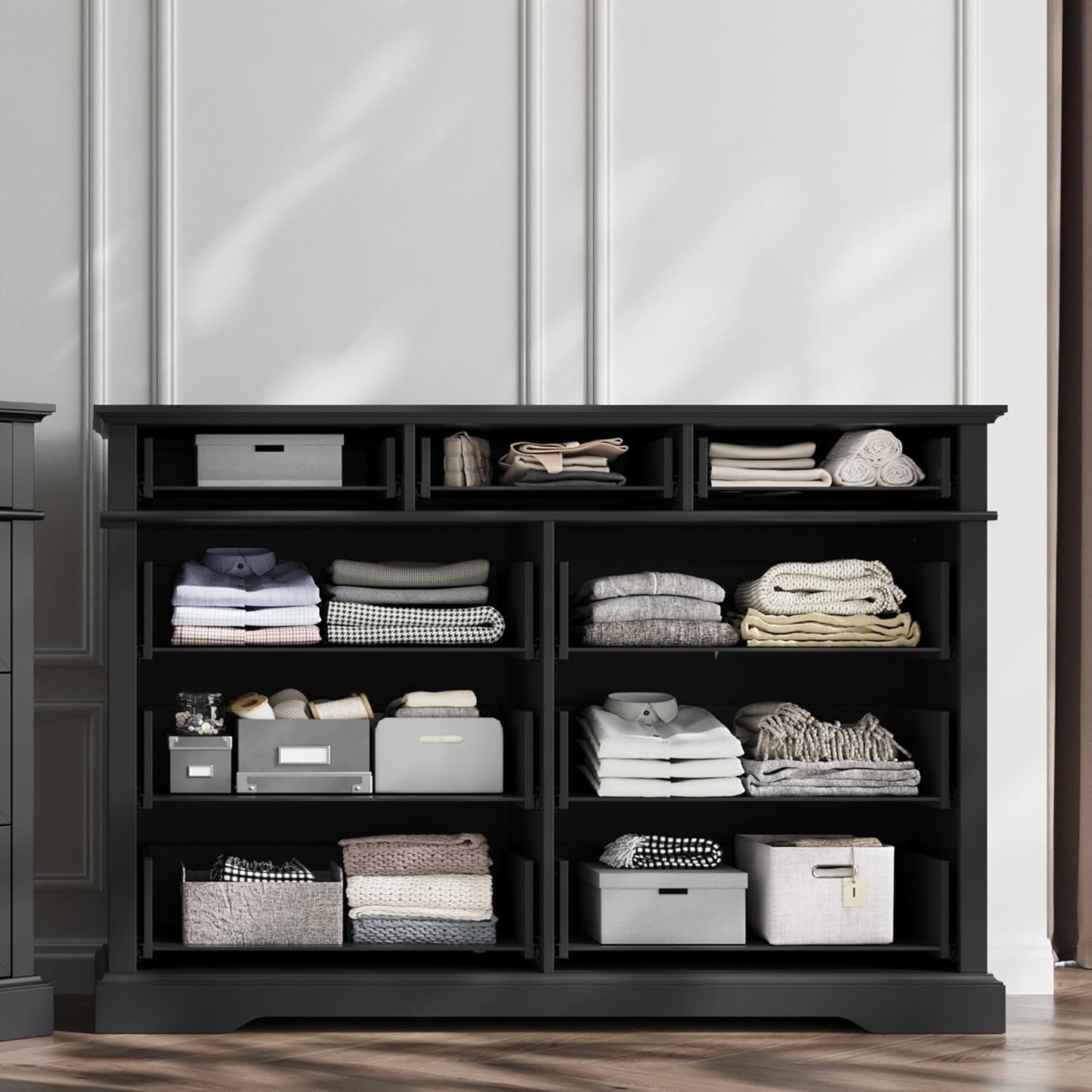 LINSY HOME 9 Drawers Dresser for Bedroom, 54" Wide Wooden Storage Chest with Antique Handles, Modern Farmhouse Large Dresser TV Stand, Chest of Drawers for Closet, Living Room, Hallway, Black