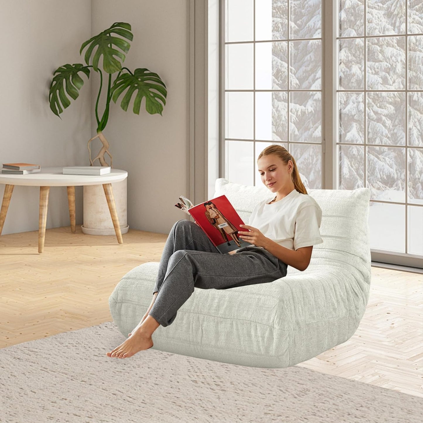 Bean Bag Chair - Memory Foam Bean Bag Chair for Adults, Comfy High-Resilience Single Sofa, Small Space Floor Chair, Chaise Lounge for Living Room, Bedroom (Beige, Wrinkles)