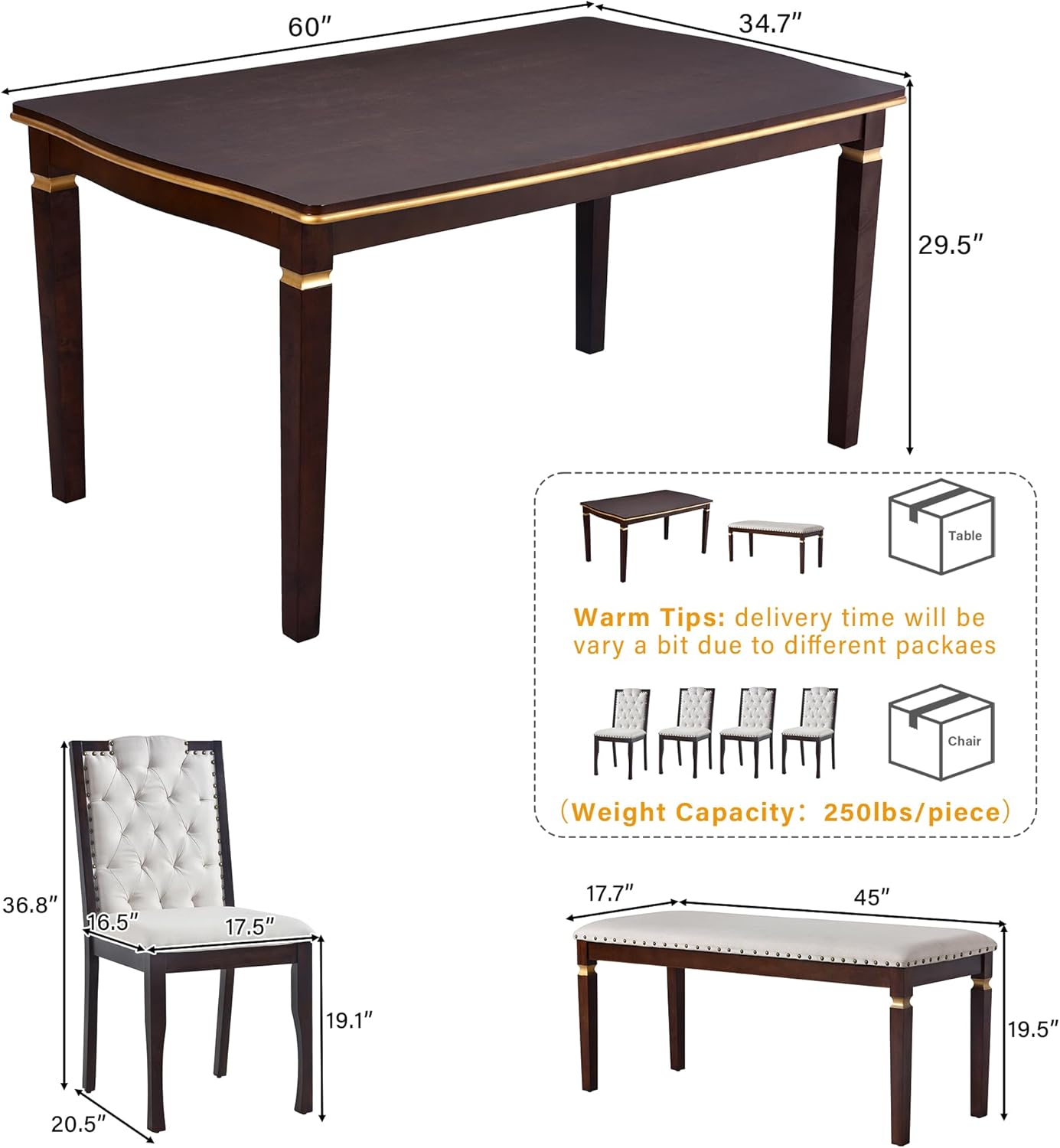 Ball & Cast Dining Table Set for 6,Kitchen Table W/ 4 High-Back Tufted Chairs & 1 Bench,5 Piece Dining Room Table Set W/ 60" Rectangular Table,for Kitchen, Living Room,Espresso