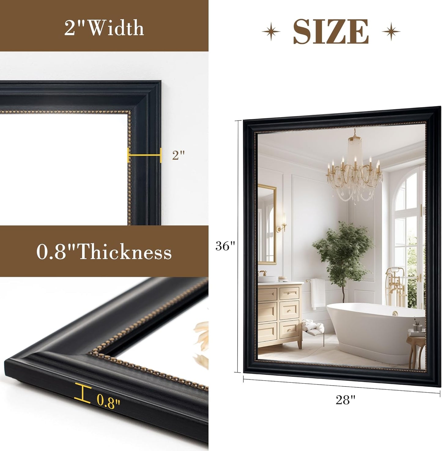 Axeman 28x36 Rectangular Wall Mirror, Decorative Bathroom Mirror, Traditional Vintage Wall Mounted Mirror with Beaded Frame for Accent Living Room Vanity Bedroom Entryway, Black