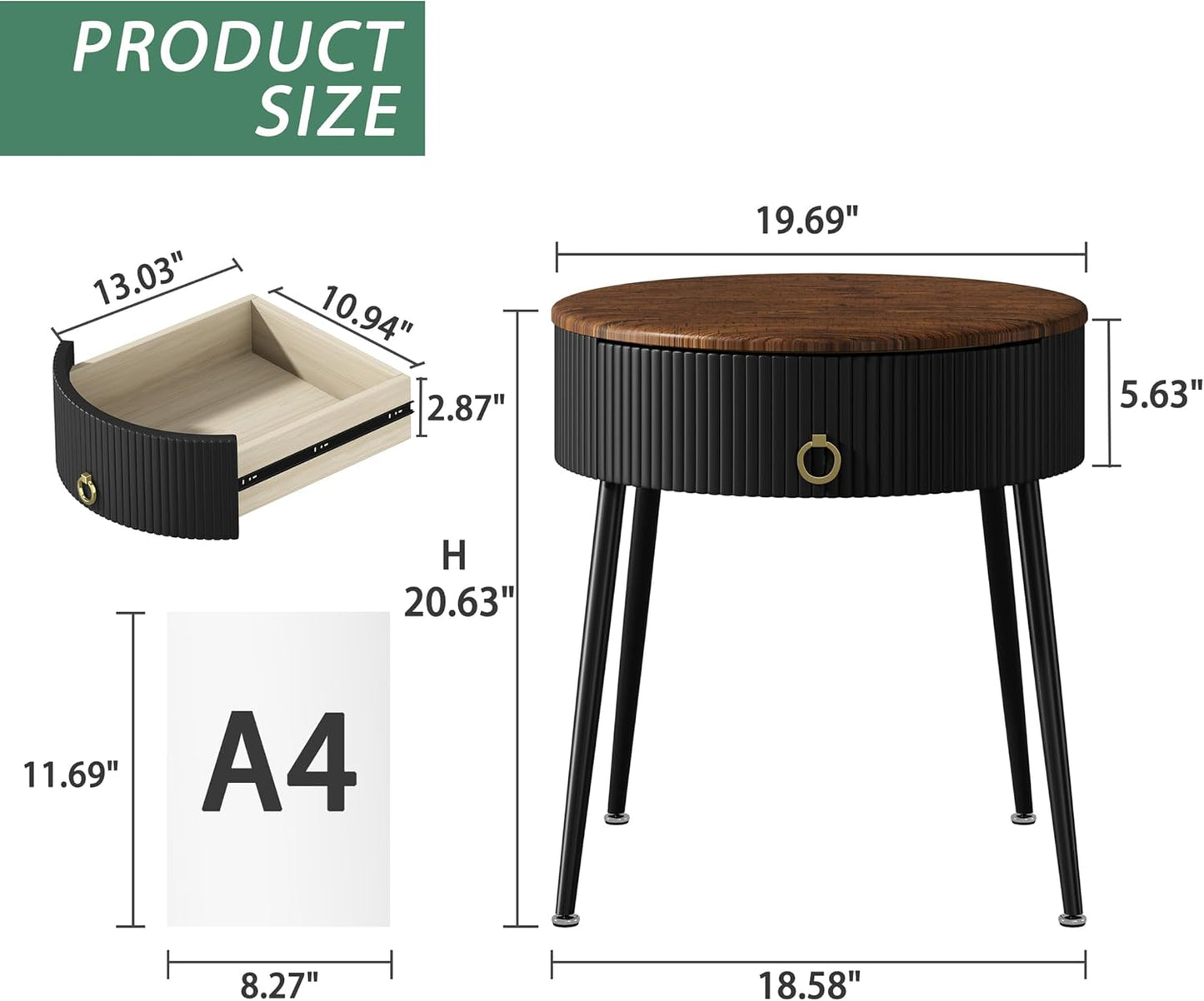 OIOG Side Tables Set of 2, Round Nightstand with Drawer, Modern Bedside End Tables for Small Space, Living Room, Bedroom, Office, Dorm, Rustic Brown and Black