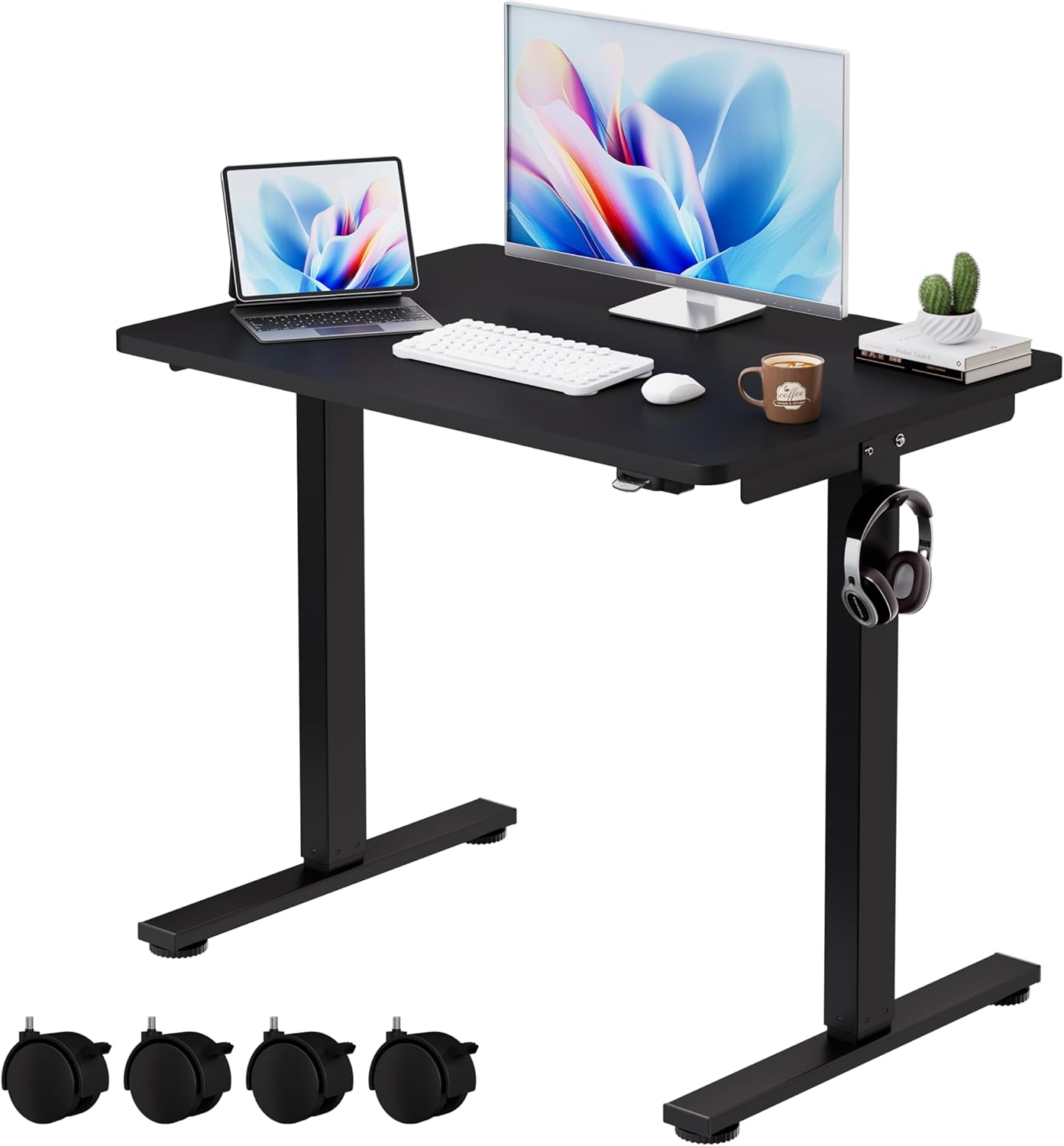 Okin Small Electric Standing Desk, 36" x 24" Whole Piece Height Adjustable Desk, Black Sit to Stand Desks Computer Workstation with Wheels for Home Office
