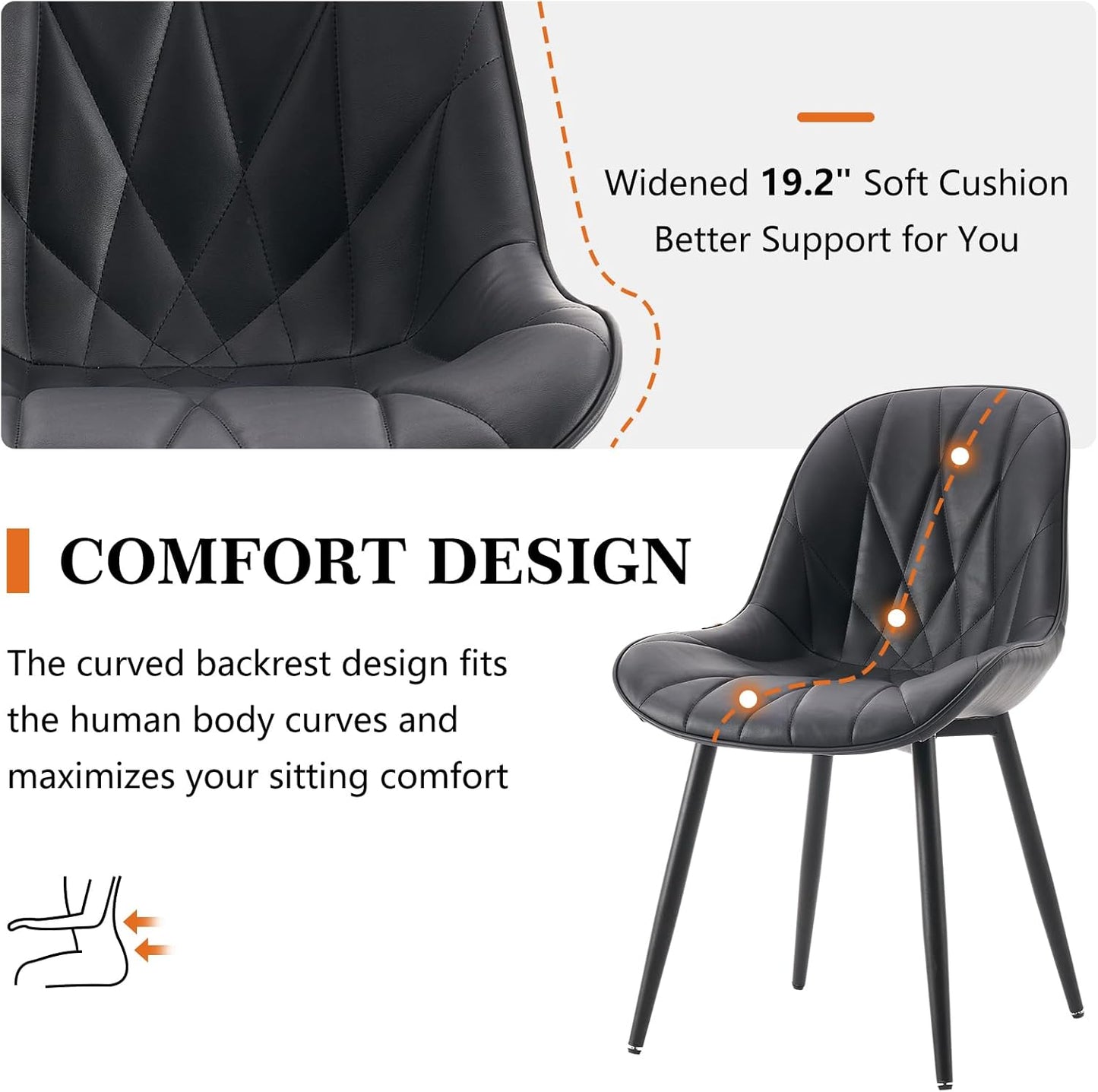 Rowill Black Dining Chairs Set of 2 - Upholstered Faux Leather Kitchen Chairs with Soft Cushion Backrest, Sturdy Metal Legs & Non-Slip Pads, Perfect Modern Design for Home Dining Room, Kitchen