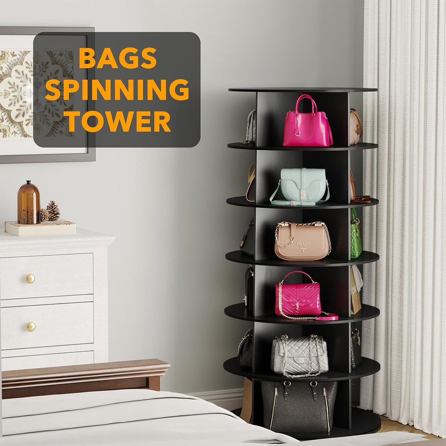 SpaceAid 6 Tier Rotating Shoe Rack Tower, Spinning Shoe Display Lazy Susan, Revolving 360 Shoe Rack Storage Round Carousel, Vertical Handbag Rotate Shoes Closet Organization (6-Tier Black)