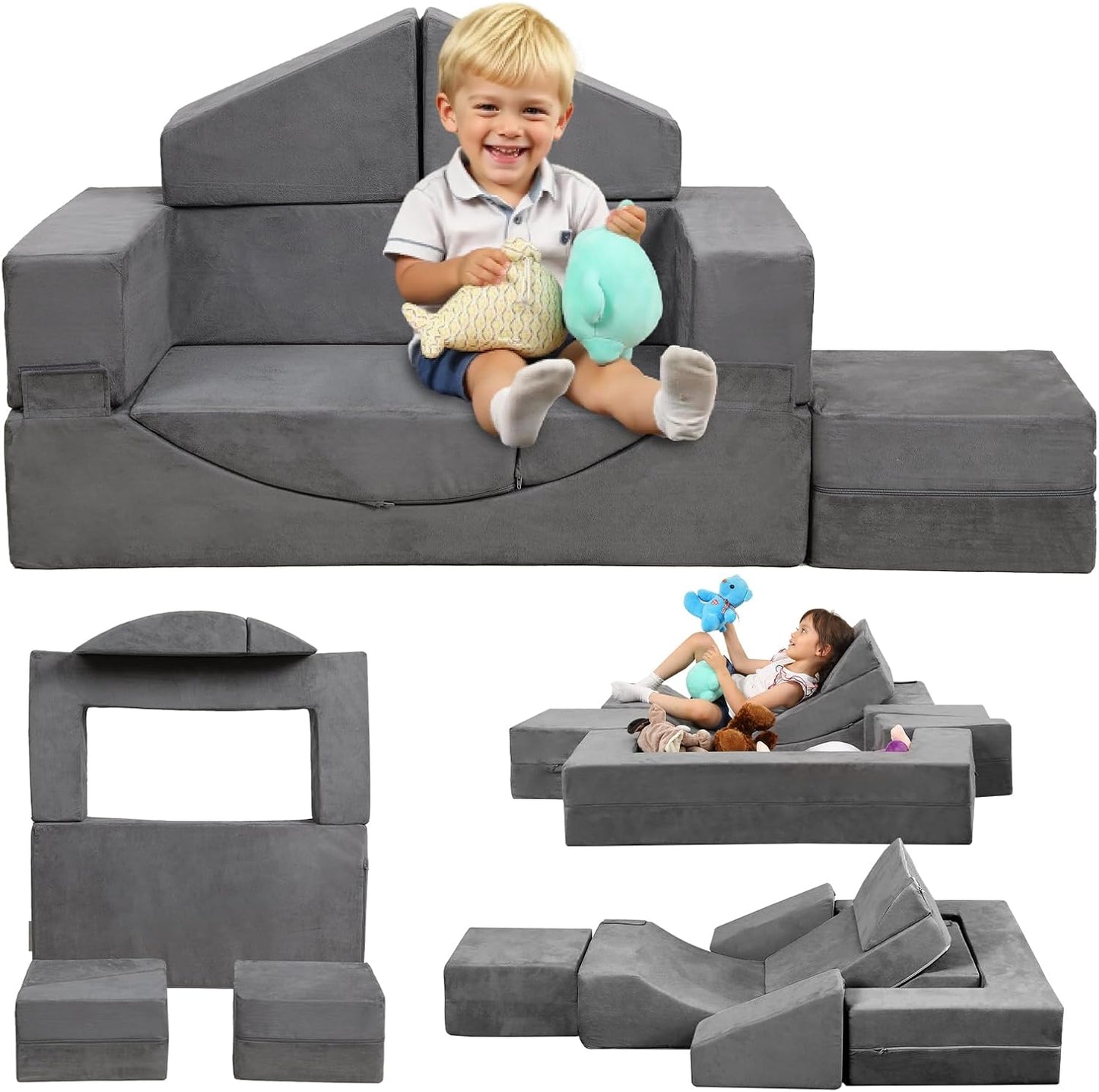 Modular Kids Play Couch, Kids Sofa Toddler Couch, Foam Play Set with Recliner, Toddler Sofa for Creative Boys & Girls, Convertible Foam Climbing Blocks