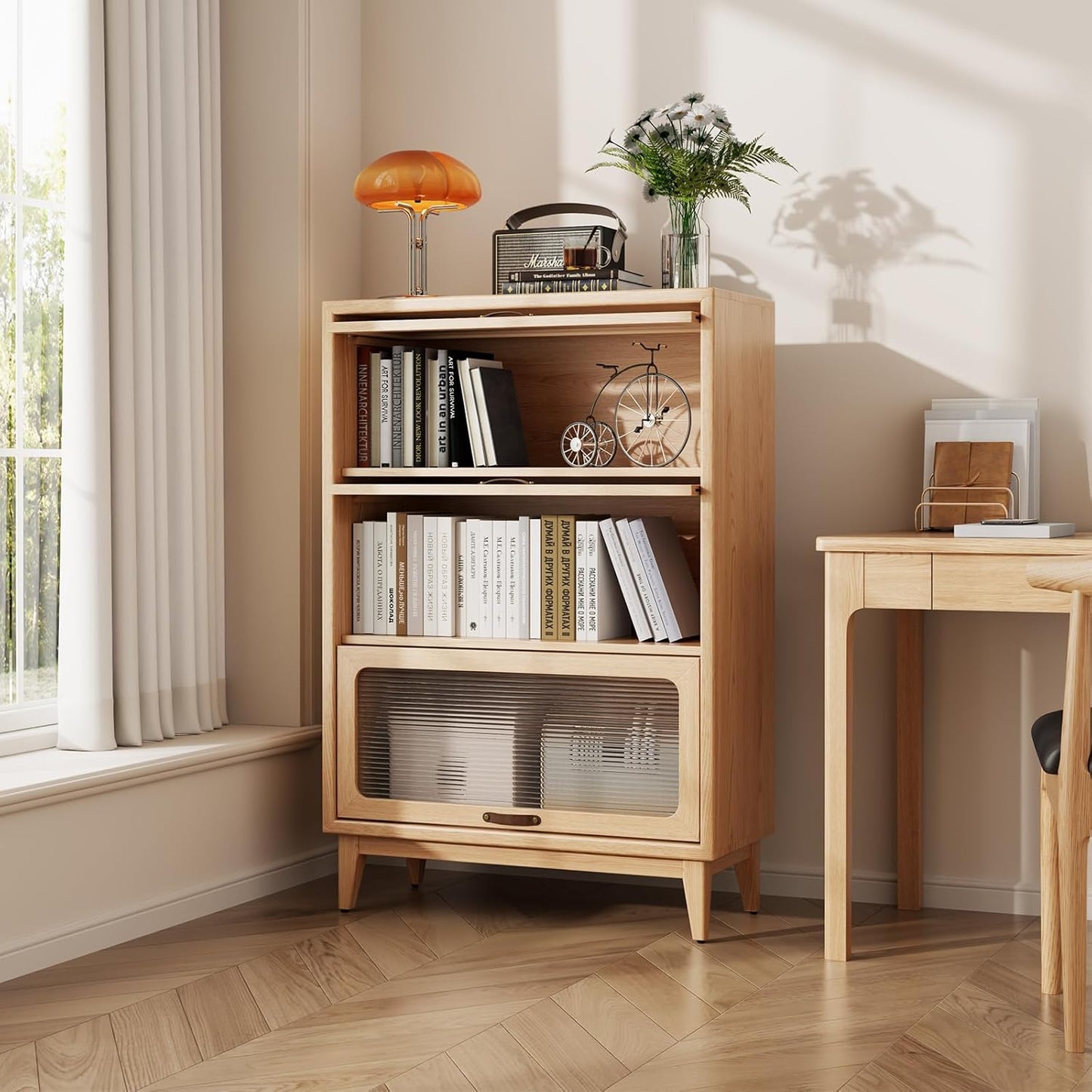 Solid Wood Bookcase with Glass Doors, 3 Shelf Bookshelves and Bookcases, Mid Century Modern Bookshelf with Glass Doors, Kitchen Pantry Cabinet (Natural, 31.5" W)