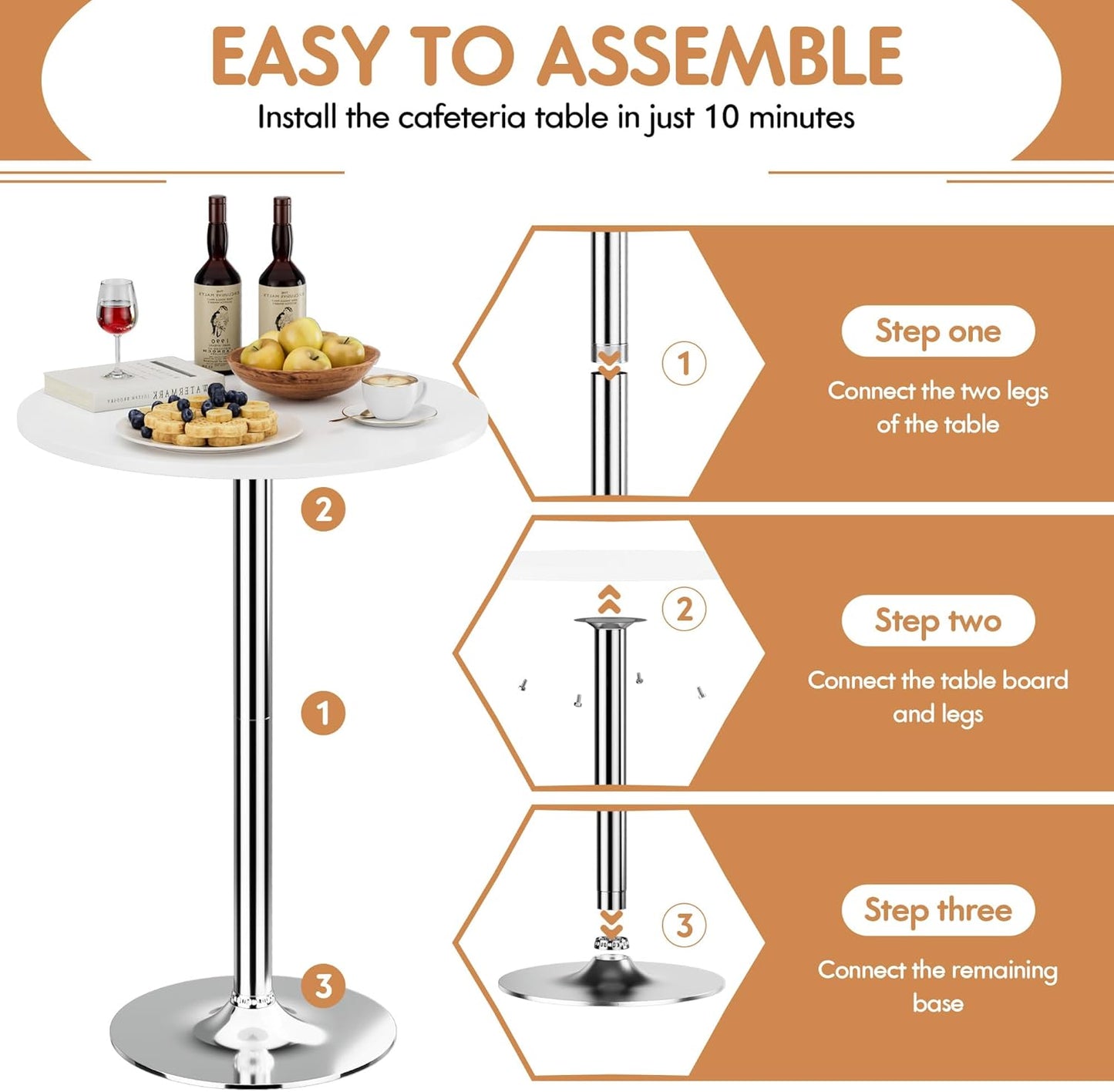 Shahoo Round Bar Table, Cocktail Tables with Metal Base & MDF Top, for Bistro Pub, Cafe, Silver and White