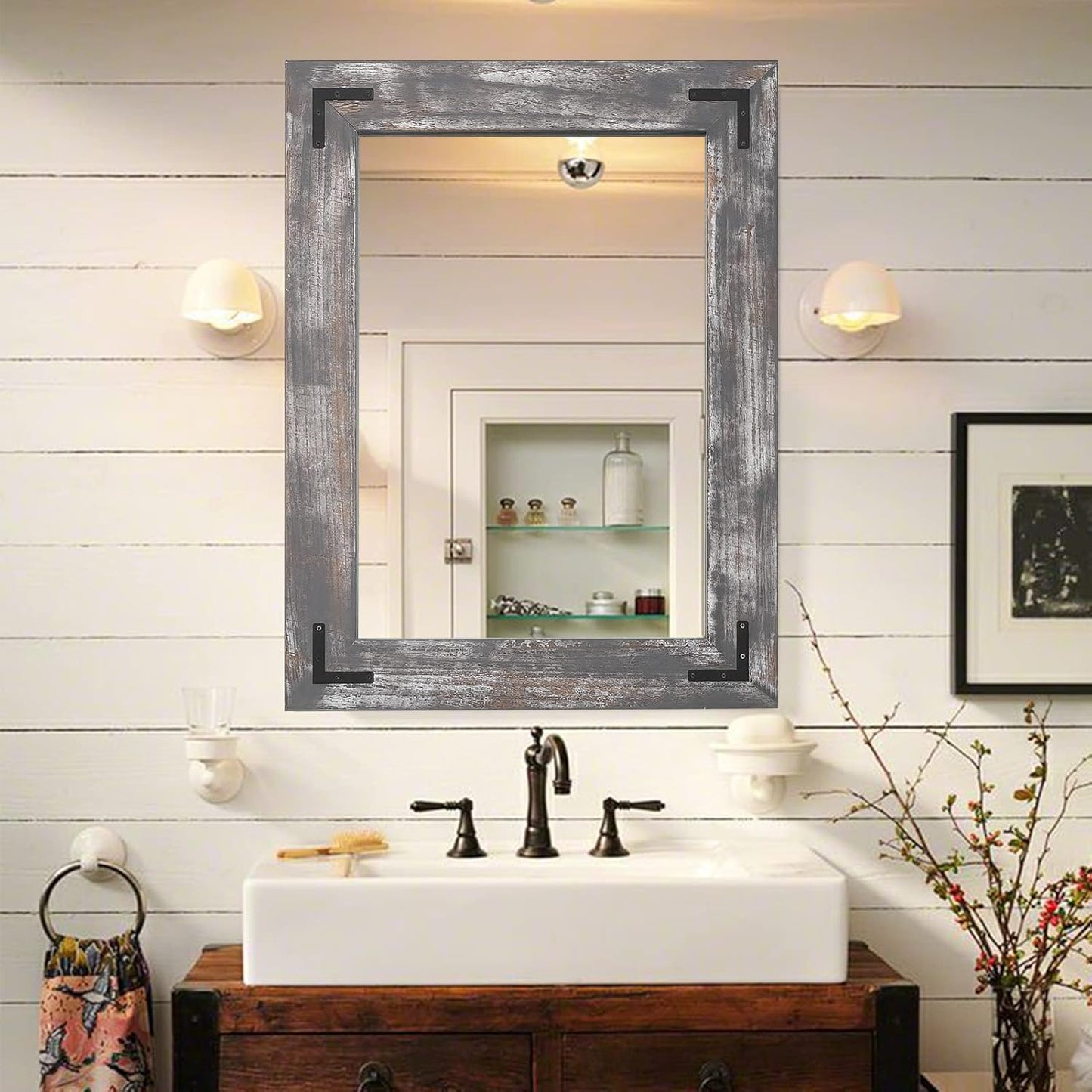 YOSHOOT Rustic Wooden Framed Wall Mirror, Natural Wood Bathroom Vanity Mirror for Farmhouse Decor, Vertical or Horizontal Hanging