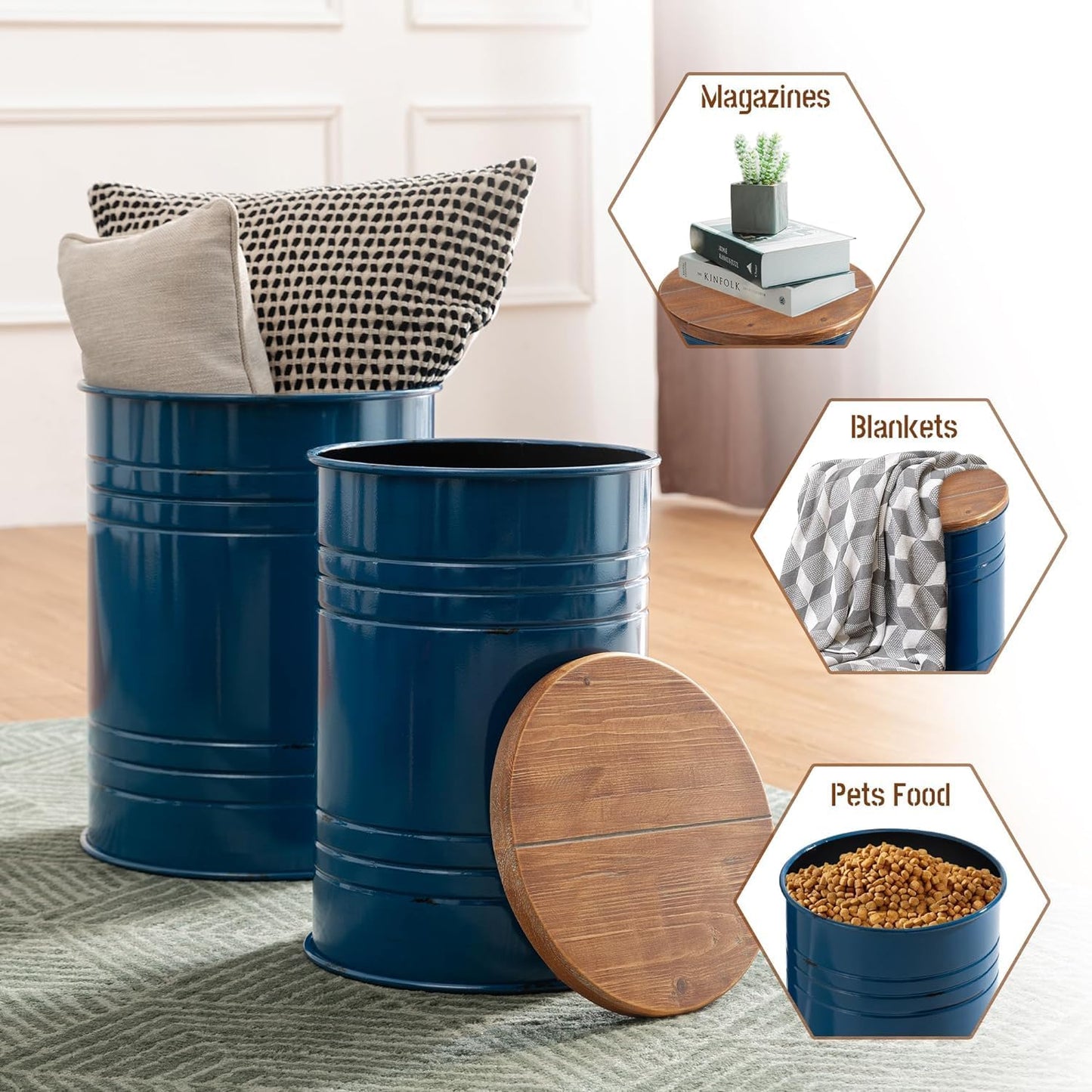 Glitzhome Farmhouse Accent Side Table, Metal Storage Stool Ottoman with Round Lid - Galvanized Coffee Cocktail End Tables Set of 2 for Living Room Bedroom, Navy Blue