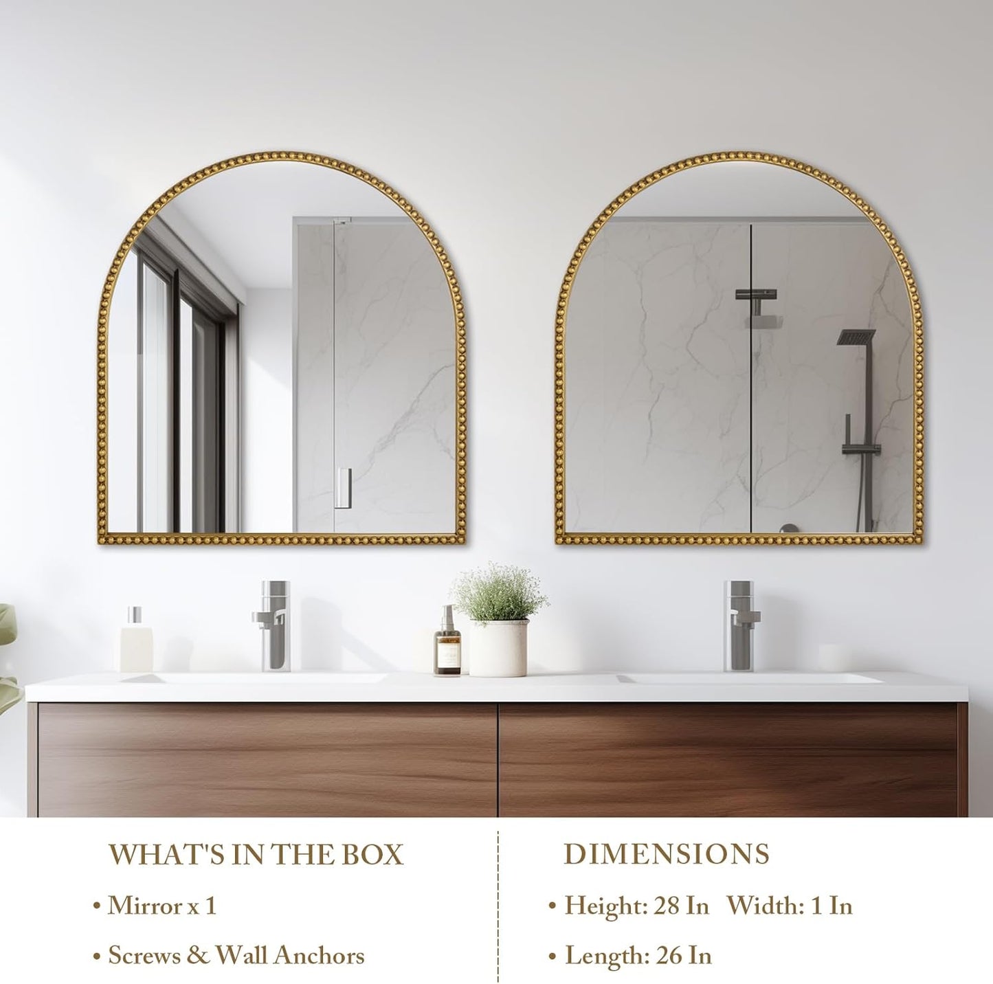 28x26 Inch Arched Bathroom Mirror, Antique Gold Wall Mirror Metal Beaded Frame, Vanity Mirror for Dresser Living Room Bedroom Mantel Entryway Hallways