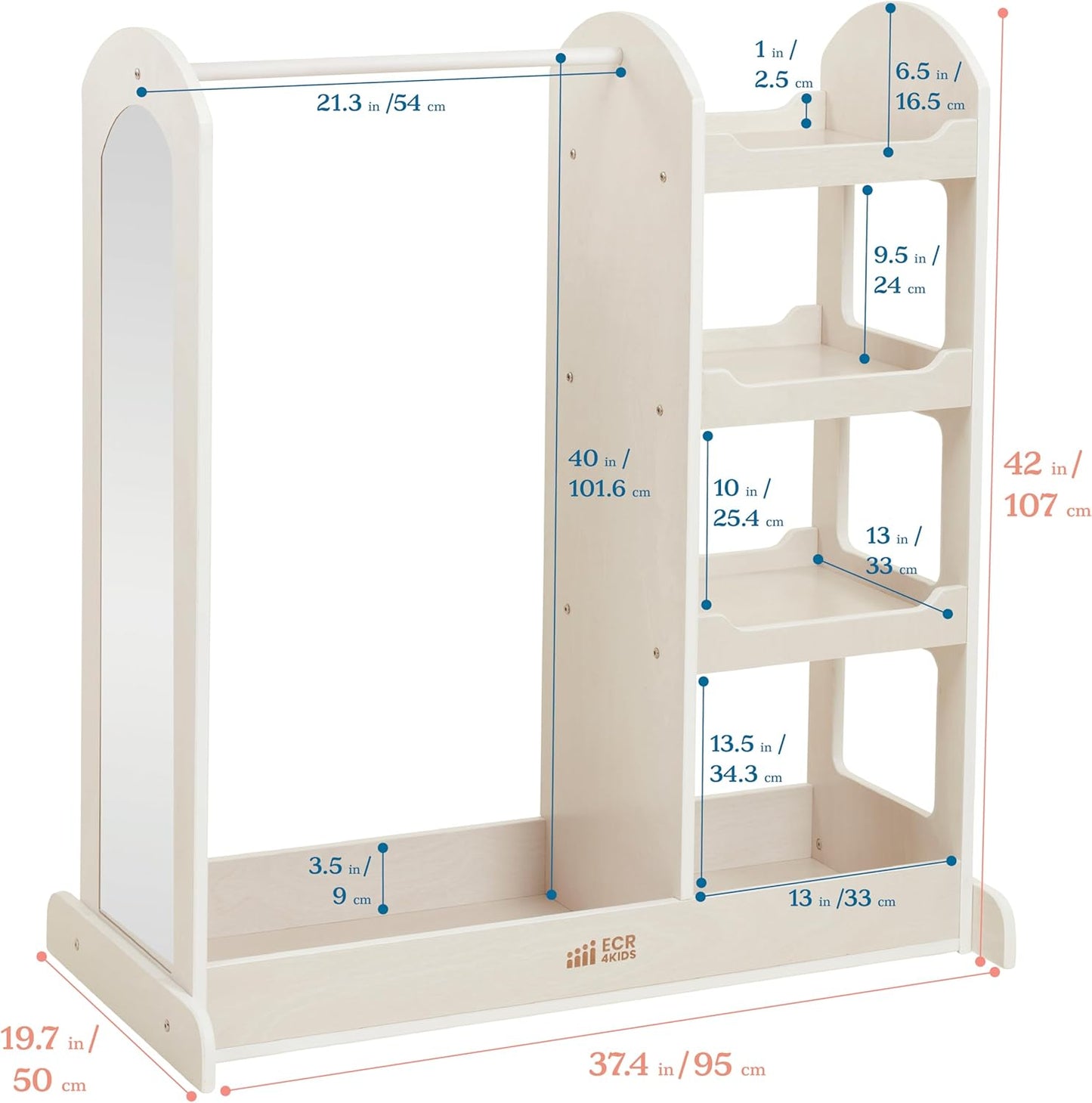 ECR4Kids Dress Up Center with Mirror, Costume Organizer, White Wash