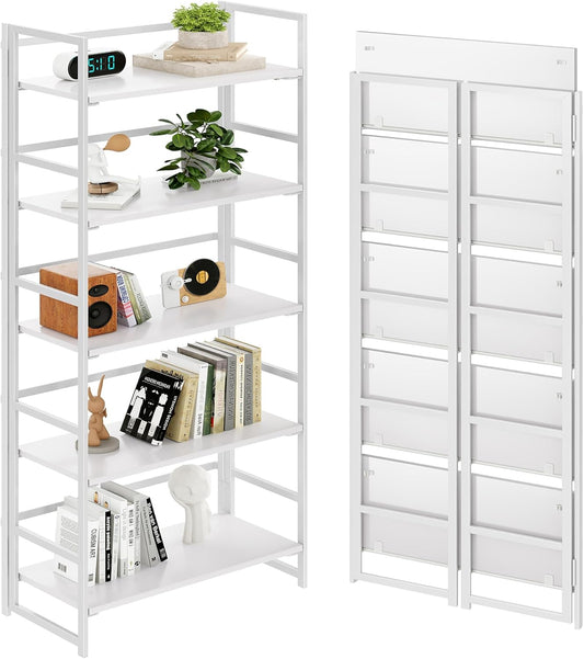 BHG Vintage Multifunctional Folding Bookshelf, No-Assembly Plant Stand Storage Rack Shelves for Home Office (All White, 5-Tier)