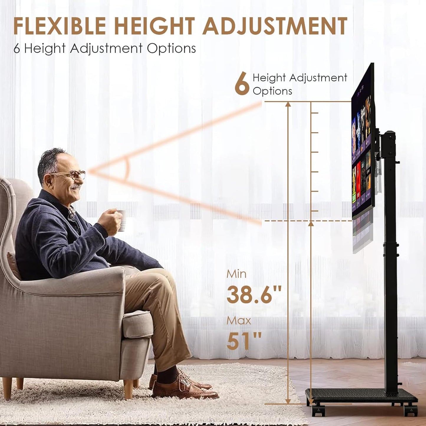 Rolling TV Stand Portrait for 65 70 75 Inch TVs, Tilt and Swivel Mobile TV Cart on Wheels up to 110 Lbs, 6 Height Adjustable PortableTV Stand, Max VESA 600x400mm