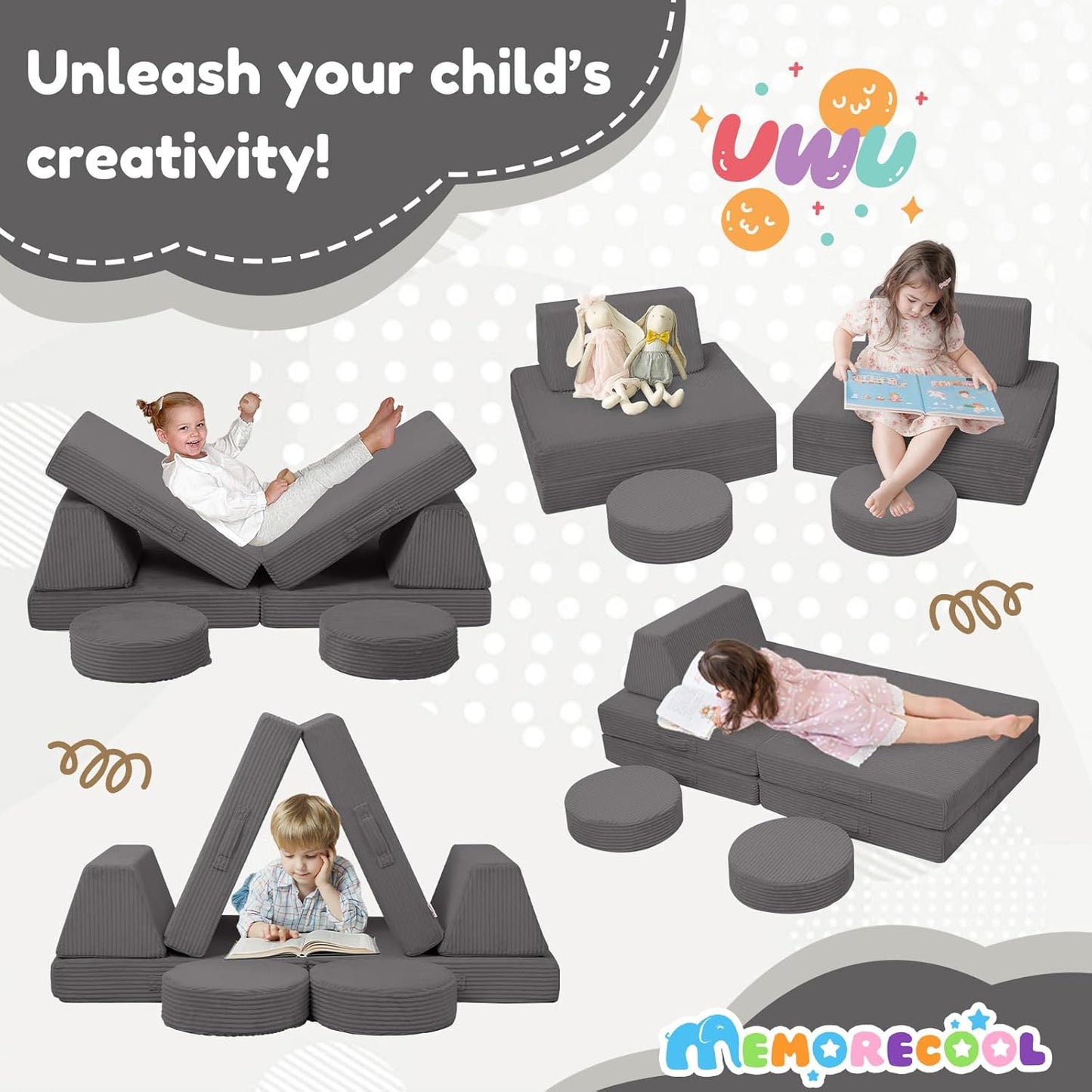 MeMoreCool Kids Couch for Playroom, Corduroy Convertible Toddler Couch, 8 Piece Modular Play Sofa, Foam Fort Building Set for Child Room Furniture, Dark Grey