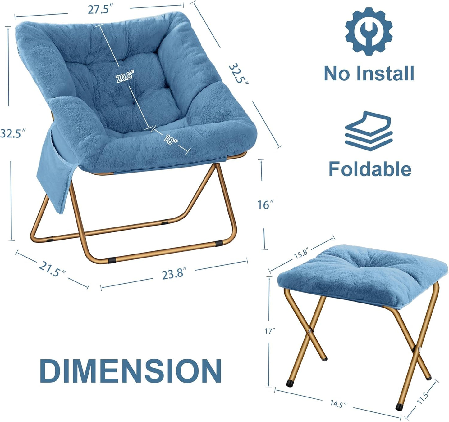 Comfy Saucer Chair for Adults, Foldable Living Room Chairs, Soft Faux Fur Lounge Chair for Bedroom, Reading Chairs, X-Large (Ottoman-Blue)