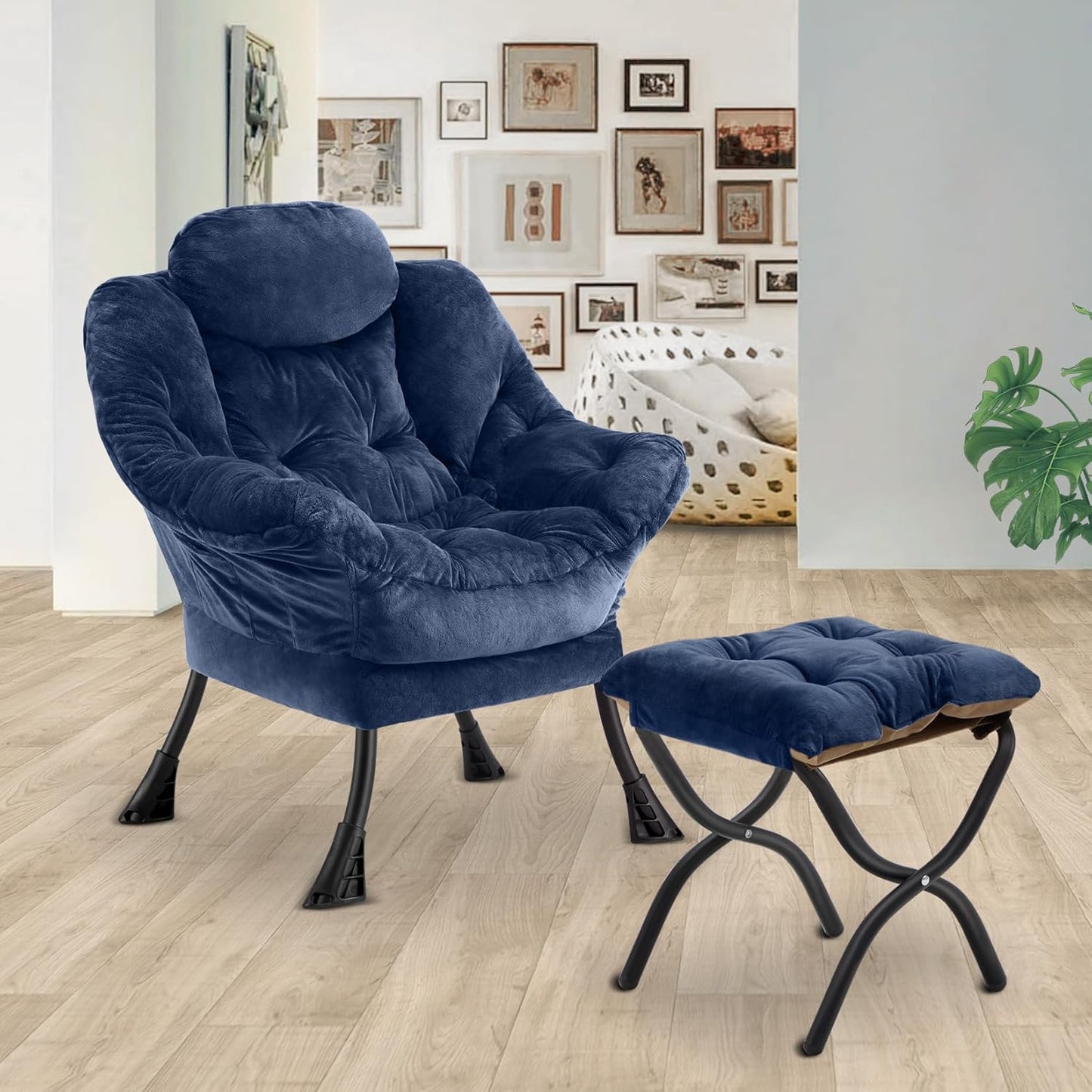 Lazy Chair with Folding Ottoman,Leisure Sofa Chair,Soft Fabric Armchair with Armrests and Side Pockets, Reading Chair with Footrest for Living Room, Bedroom, Office (Plush Navy)