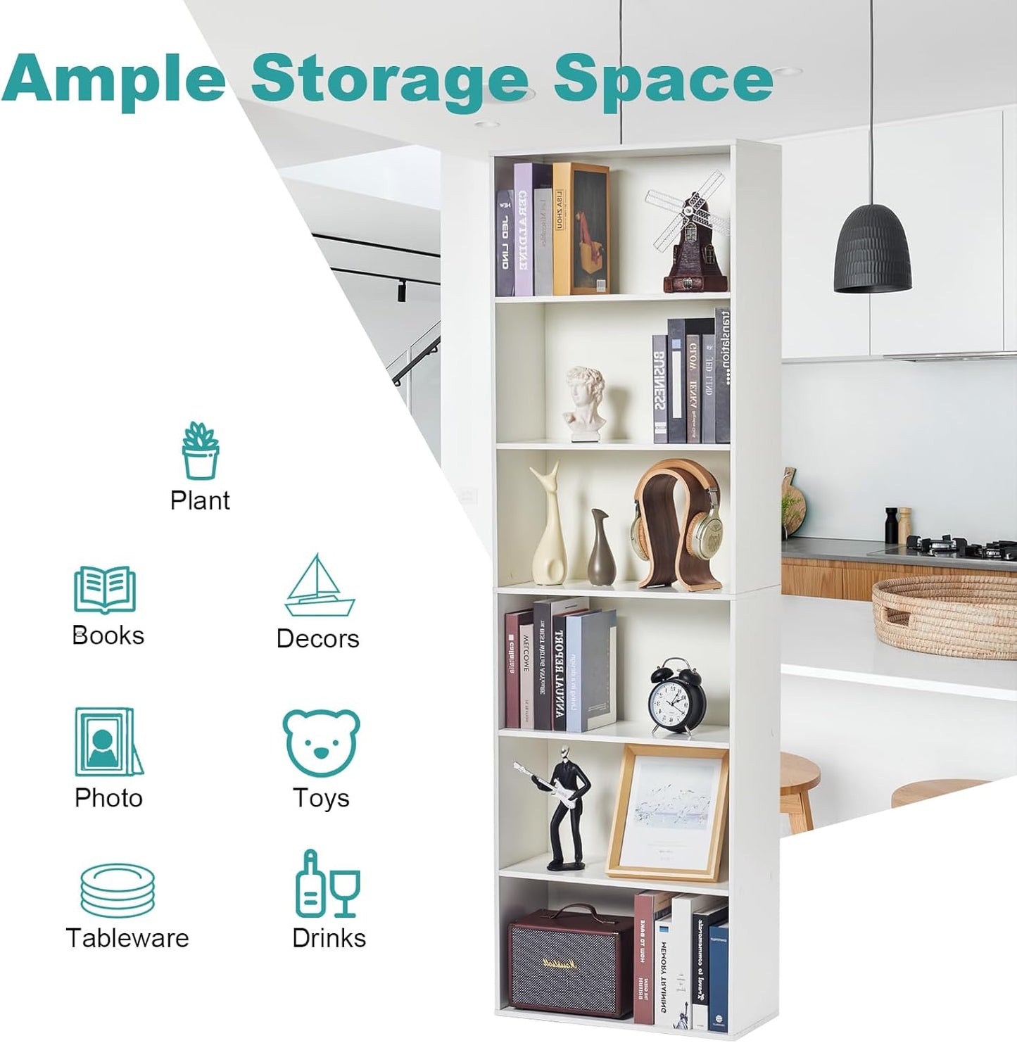 6-Tier Book Shelf, Floor Standing Open Bookcase, Wooden Display Storage Shelves with Anti-Tipping Device, 71" Tall Bookshelf for Bedroom, Living Room and Office, White