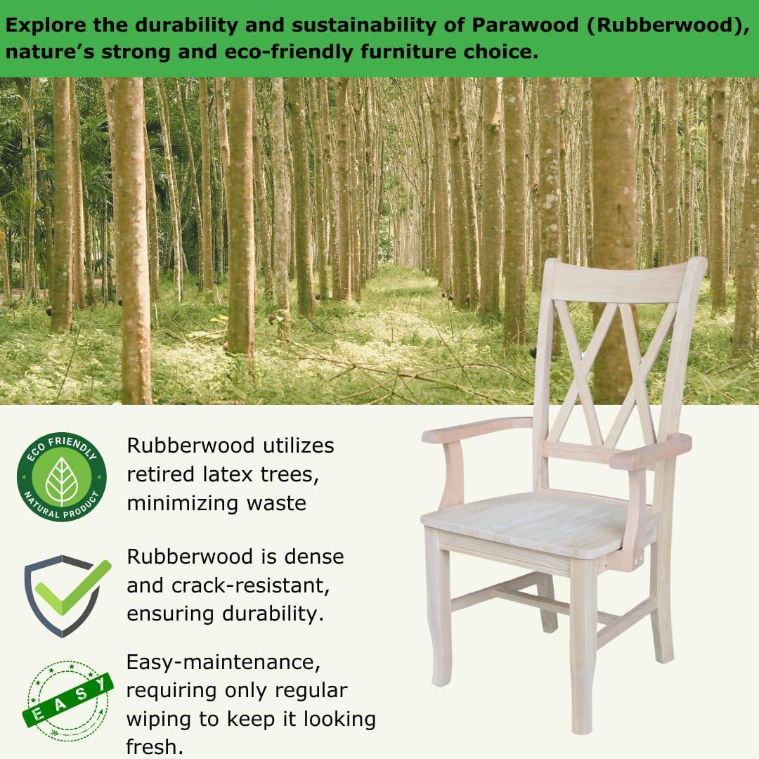 Solid Wood Double X-Back Dining Chair with Arms in Unfinished Parawood, Classic Kitchen/Dining Furniture, Stainable & Paintable, 23.6" W x 22" D x 41.3" H, Wide Arm Width, Traditional & Durable
