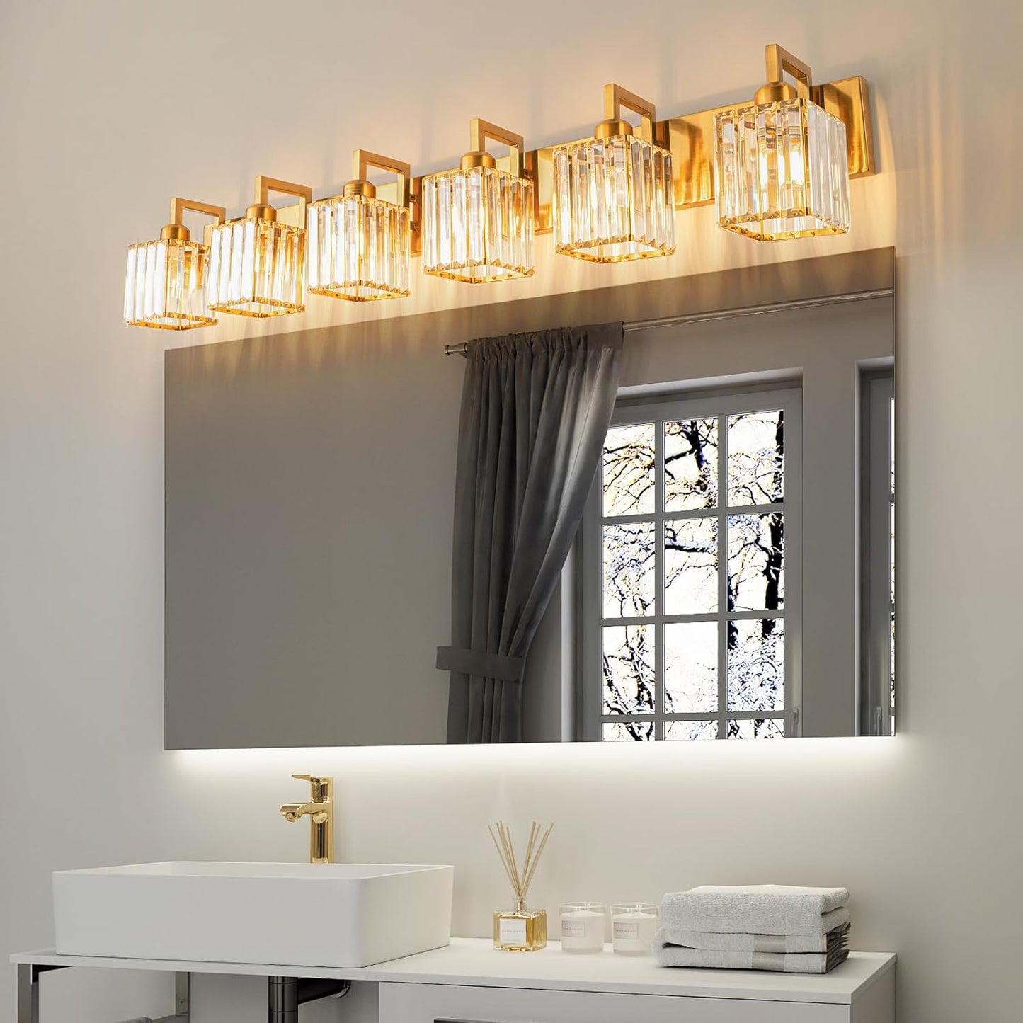 Modern Crystal Bathroom Vanity Light - 6-Lights Gold Brushed Brass Finish Wall Lamp