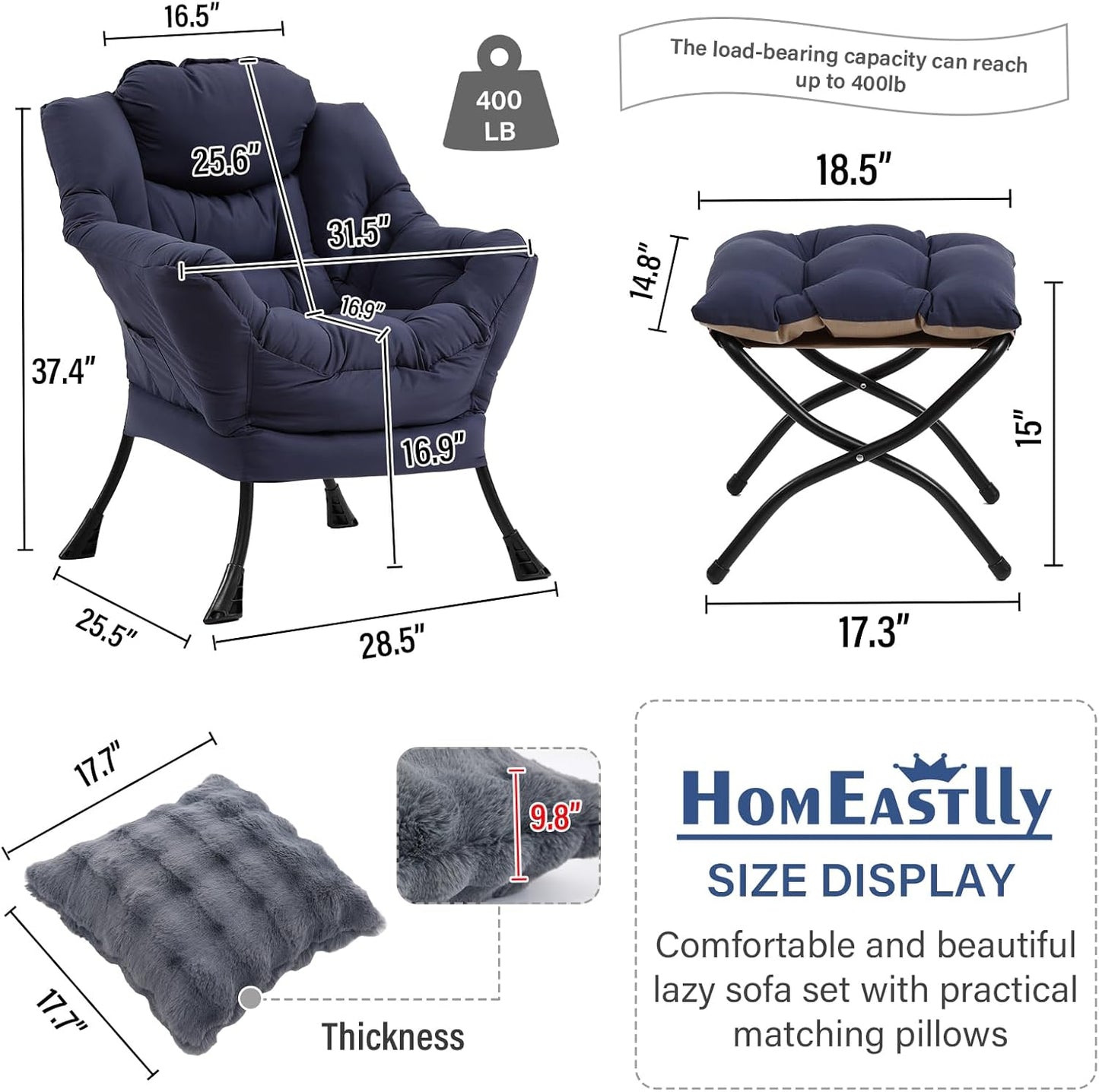 Large Lazy Chair with Ottoman, Accent Reading Chairs with a Throw Pillow, Cozy Lounge Chair with Armrest, Leisure Sofa Chairs for Living Room, Bedroom, Dorm, Navy Blue