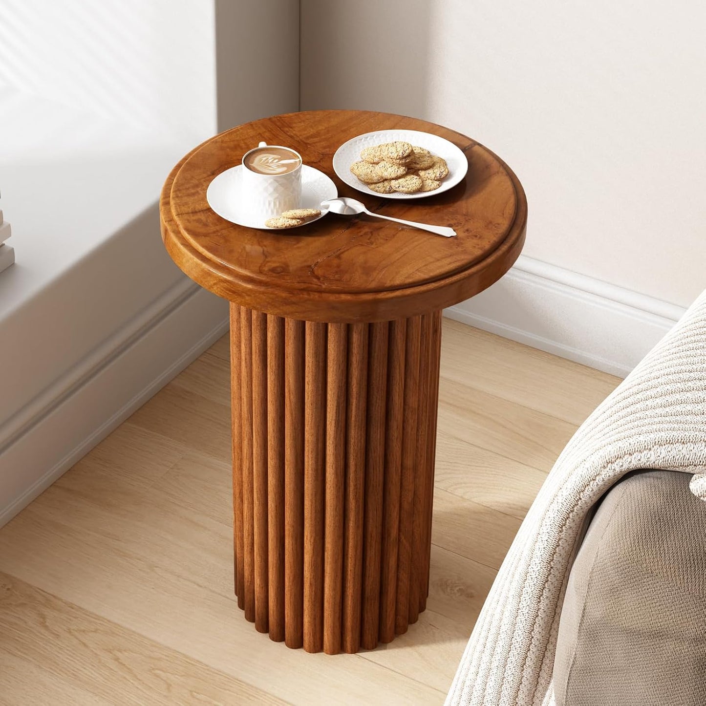 Round Wood Side Table, Fluted Accent Table, Small End Table for Living Room, Bedroom, Fully Assembled