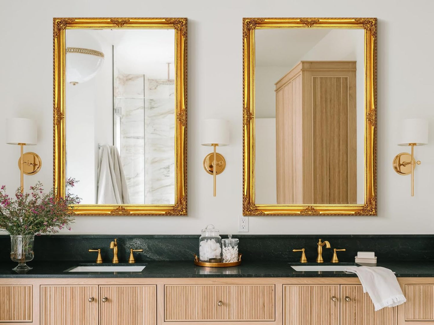 35" x 23" Large Antique Mirror, Gold Vintage Wall Mirror with Baroque Wood Frame for Elegant Victorian Living Room, Ornate Entryway Over Console