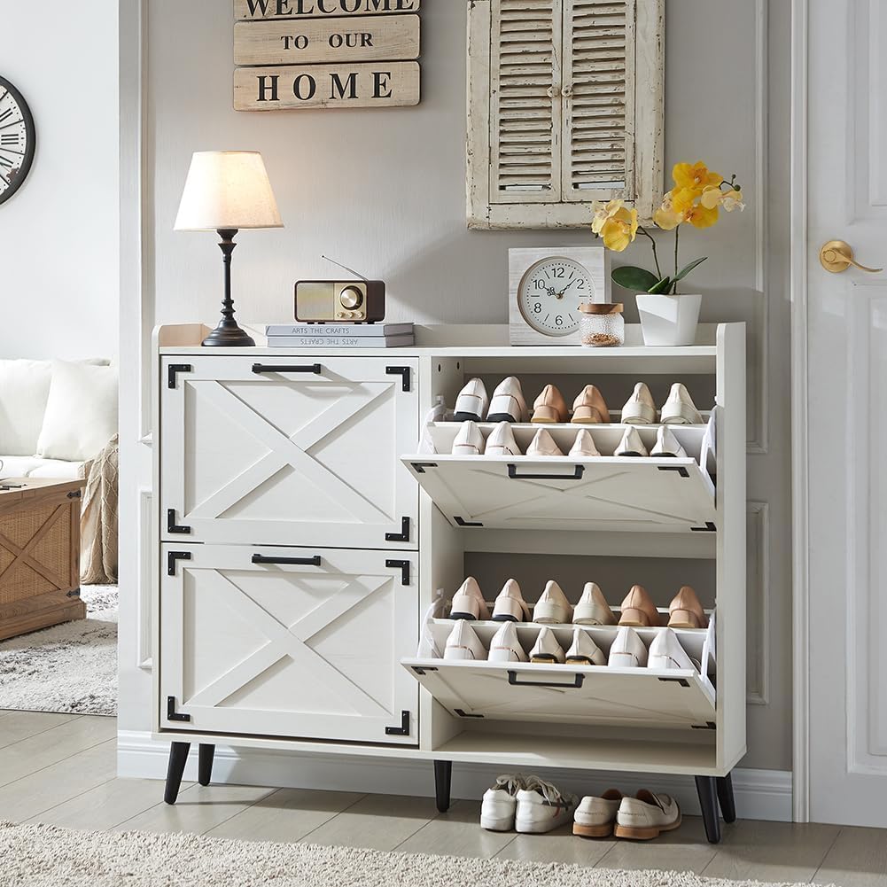 Shoe Storage Cabinet,Farmhouse Shoe Organizer with 4 Flip Drawers & Barn Door Design,Freestanding Hidden Slim Narrow Shoe Rack Cabinet for Entryway,Foyer,Hallway,Antique White