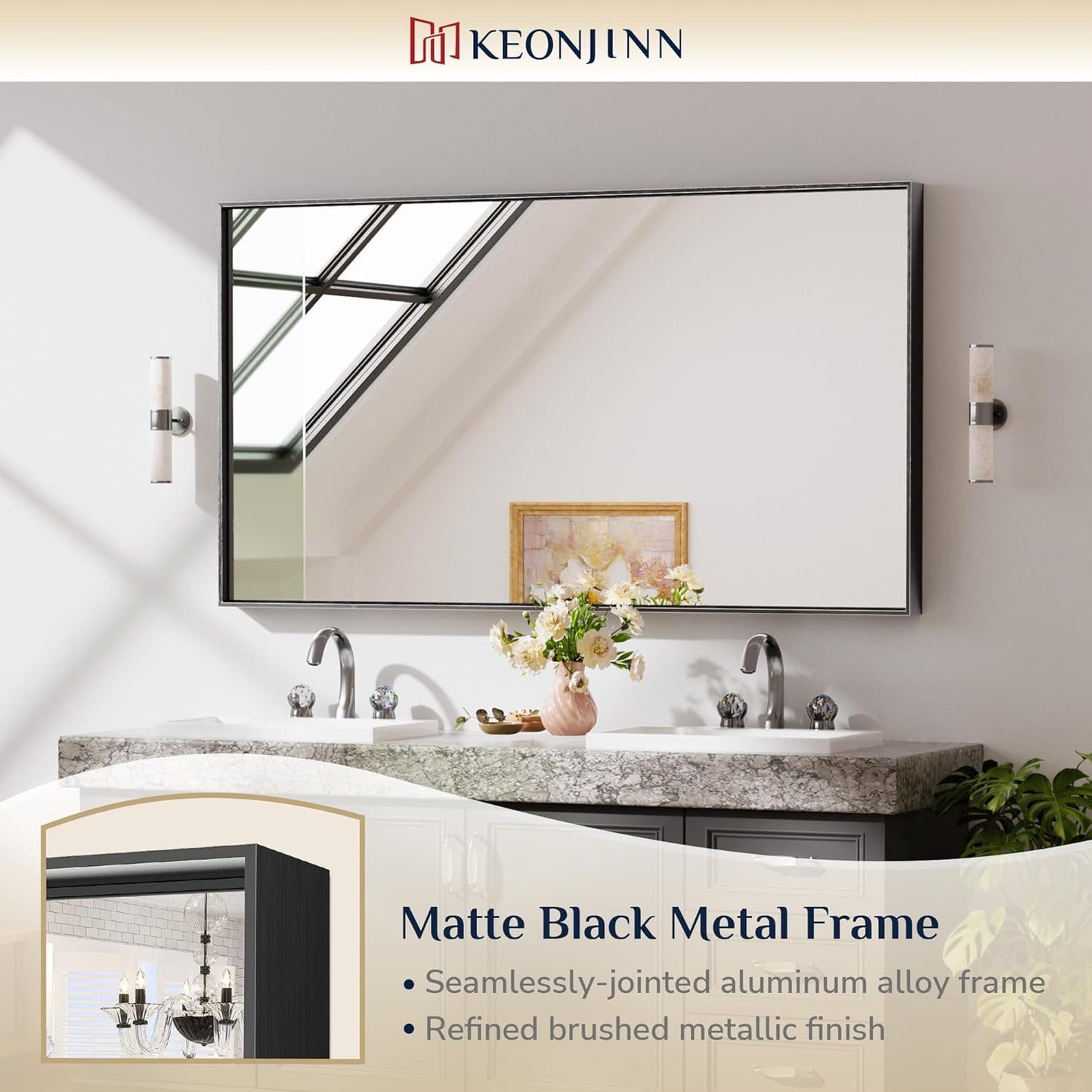 Keonjinn Black Framed Bathoom Mirror 55 x 30 Inch Large Rectangle Vanity Wall Mirror for Over Sink Metal Frame Rectangular Bathroom Mirror Brushed Black Modern Farmhouse Mirror(Horizontal/Vertical)