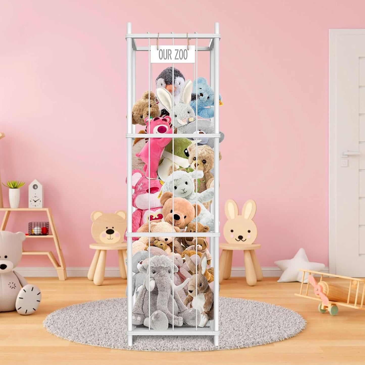 Stuffed Animal Storage, 54 inch Large Plushy Organizers, Wood Stuffed Animal Zoo Storage, Space Save Vertical Stuffed Animals Holder Holds 50+ Stuffed Animals for Nursery Playroom Bedroom (White)