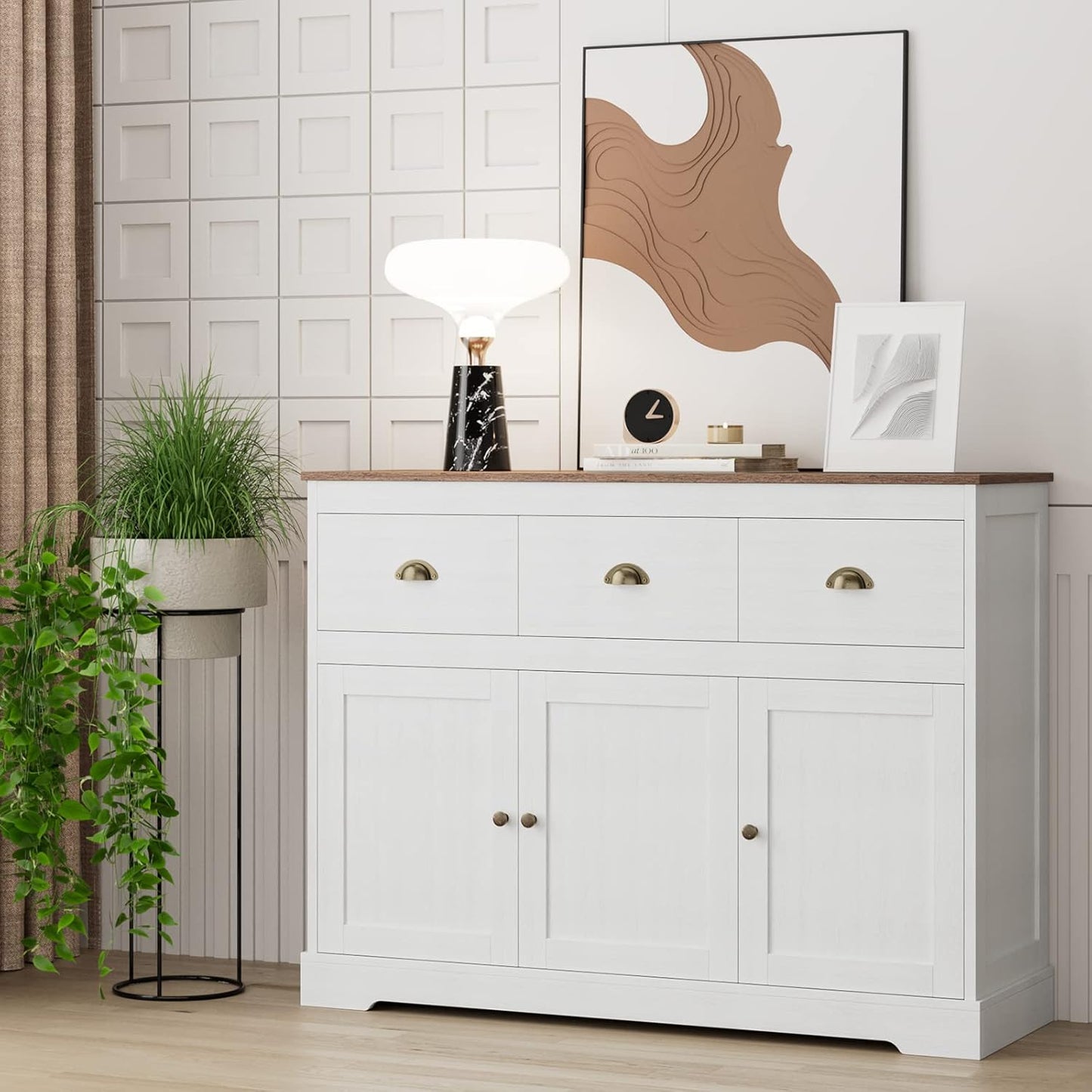 Keyluv Buffet Cabinet Storage Kitchen Sideboard Farmhouse Buffet Server Bar Wine Cabinet with 3 Drawers & 3 Doors Adjustable Shelves Console Table for Dining Living Room Cupboard, Antique White