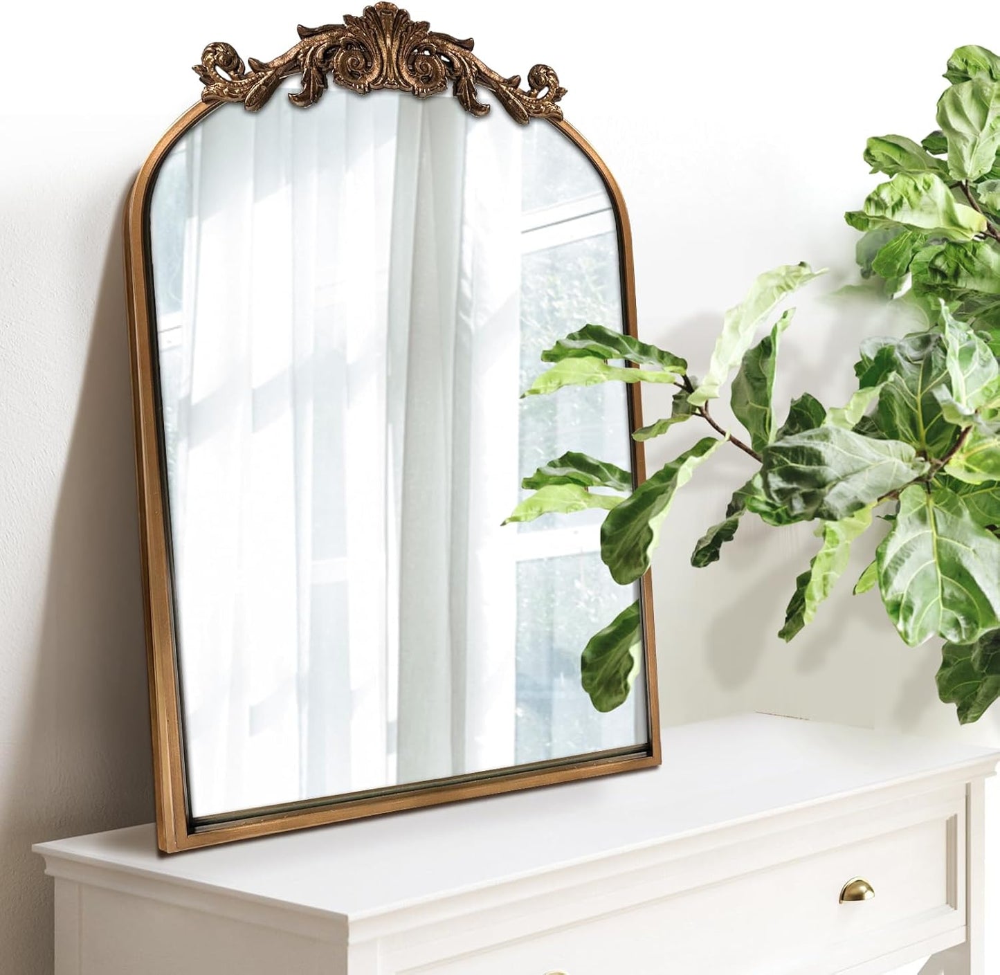 WAMIRRO Antique Mirror,Gold Traditional Vintage Ornate Baroque Arched Brass Wall Mounted Mirrors for Entryway/Fireplace/Living Room/Hallway/Bathroom 19"X27"