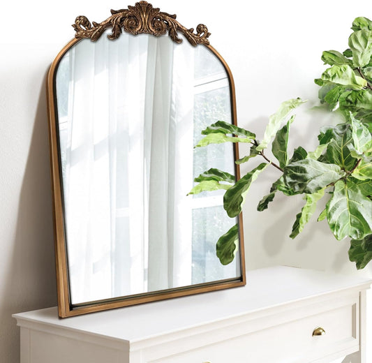 WAMIRRO Antique Mirror,Gold Traditional Vintage Ornate Baroque Arched Brass Wall Mounted Mirrors for Entryway/Fireplace/Living Room/Hallway/Bathroom 19"X27"
